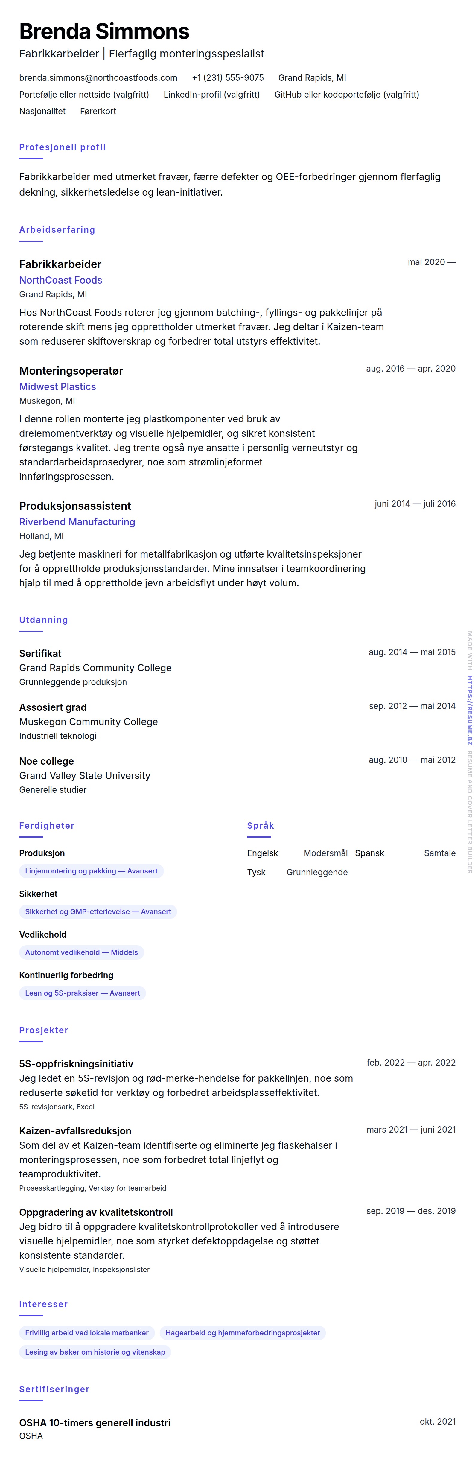 Fabrikkarbeider CV-eksempel