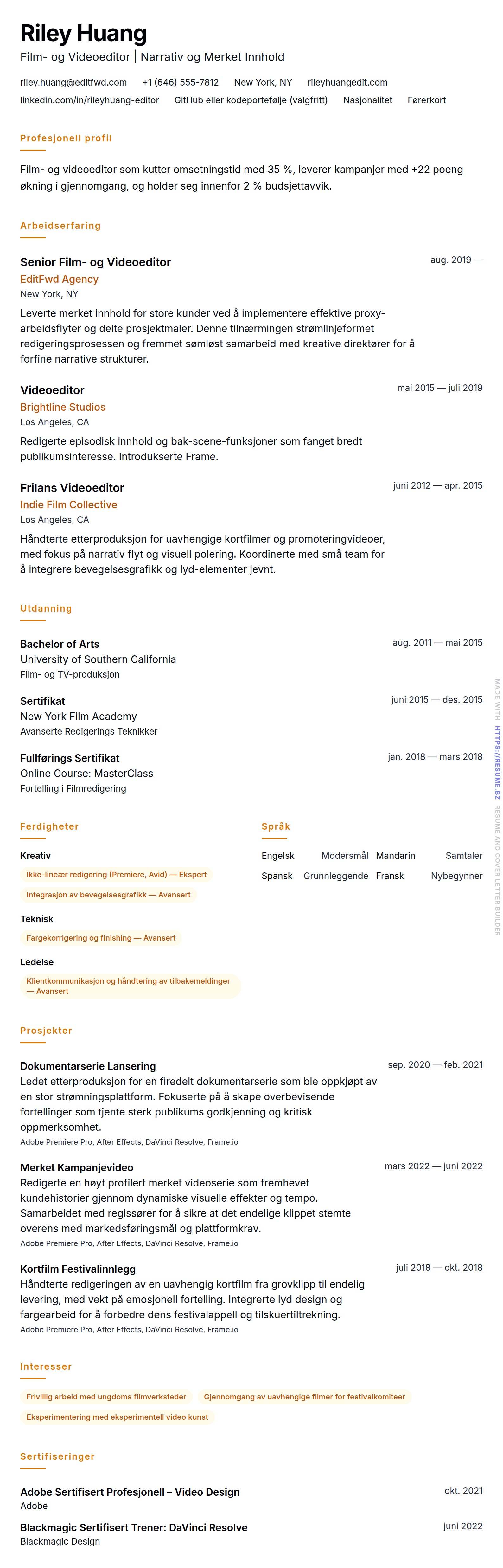 CV-forhåndsvisning for Film- og Videoeditor CV-eksempel