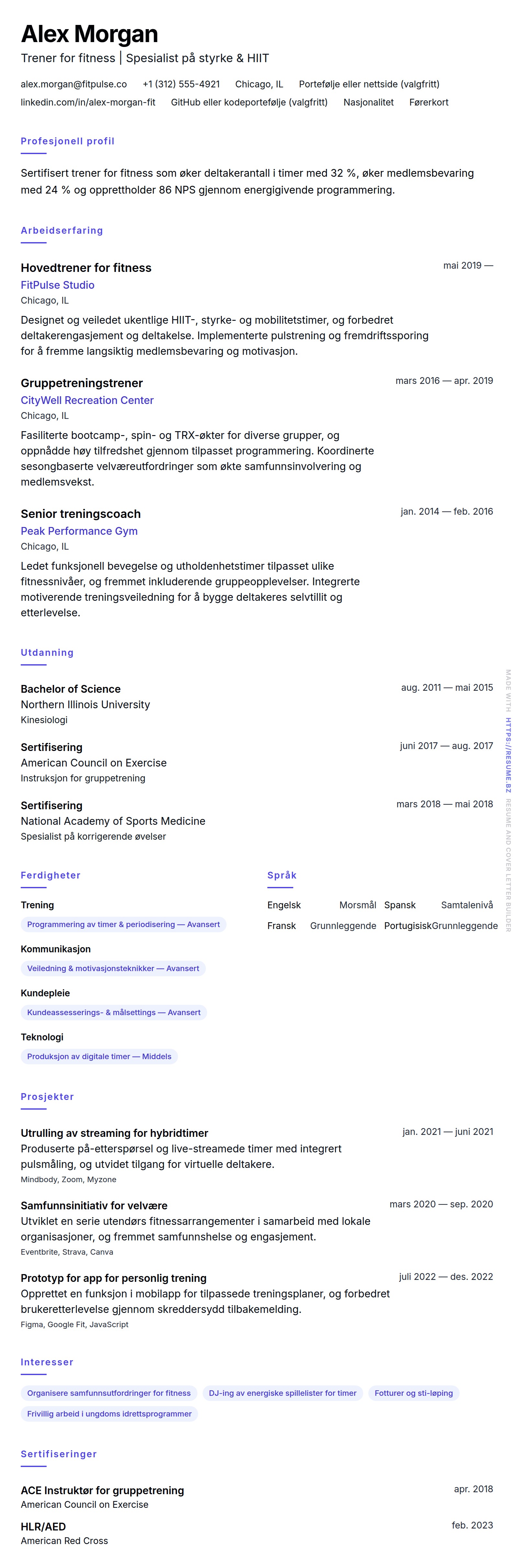 Eksempel på CV for trener for fitness