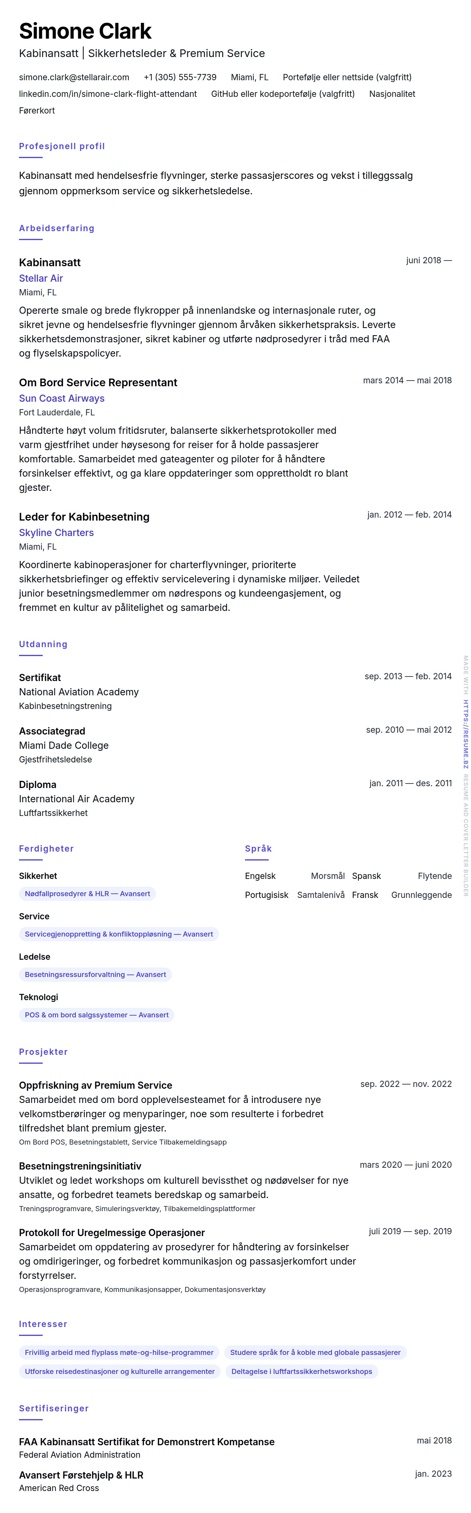 CV-forhåndsvisning for Eksempel på CV for kabinansatt