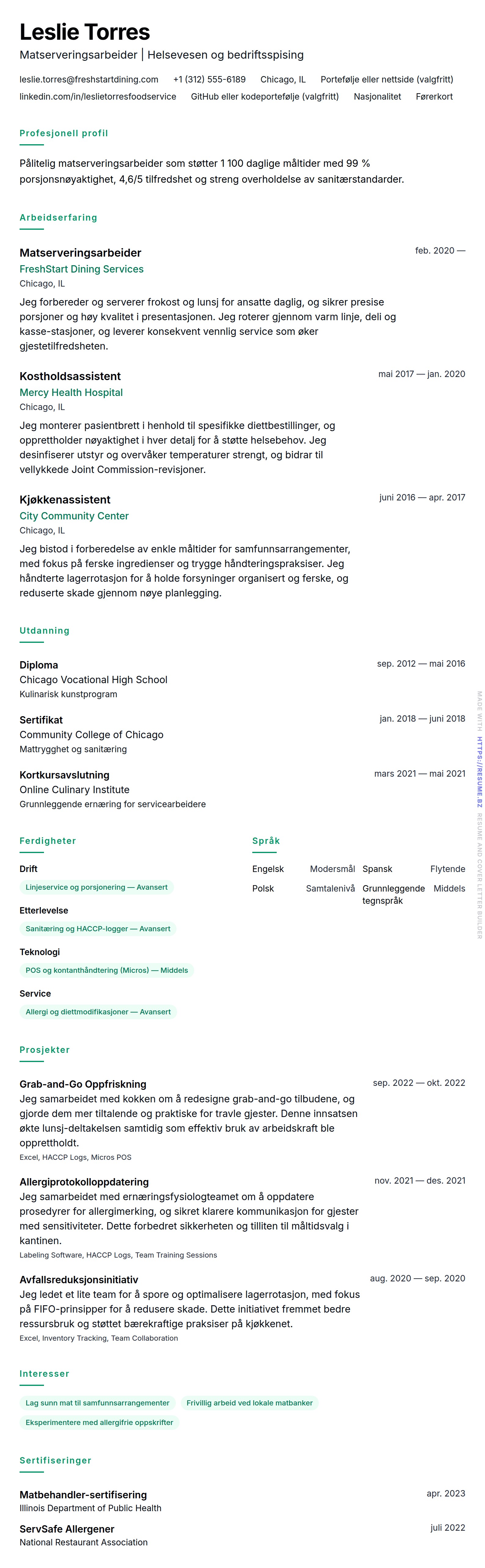 CV-forhåndsvisning for Matserveringsarbeider CV-eksempel