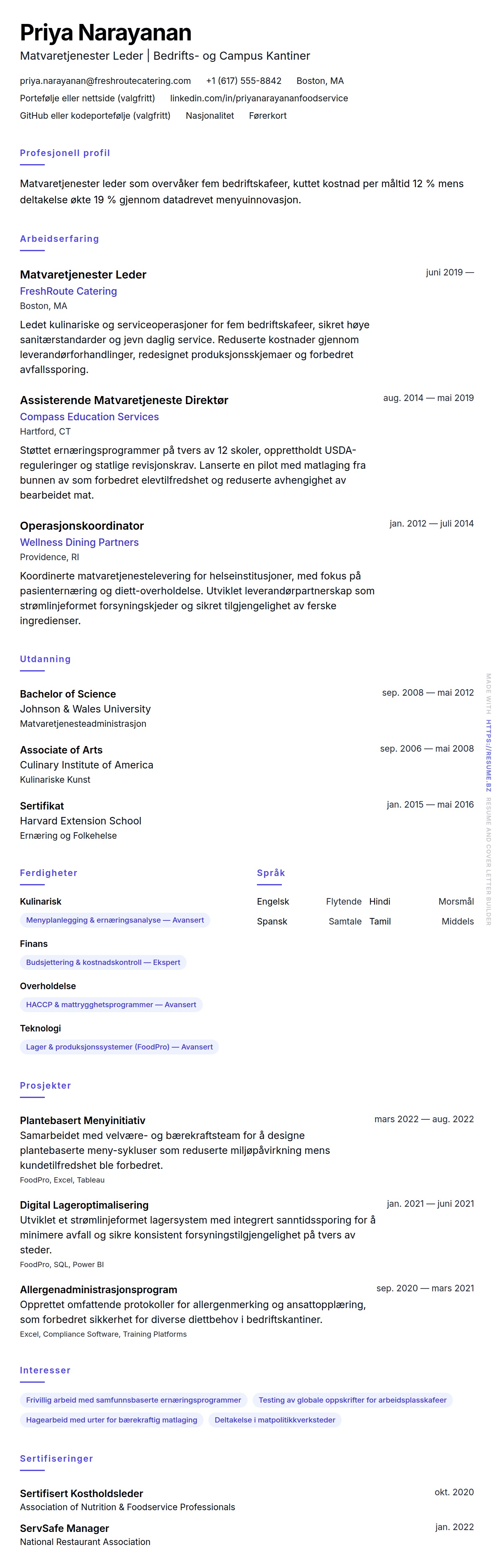 Matvaretjenester Leder CV-eksempel