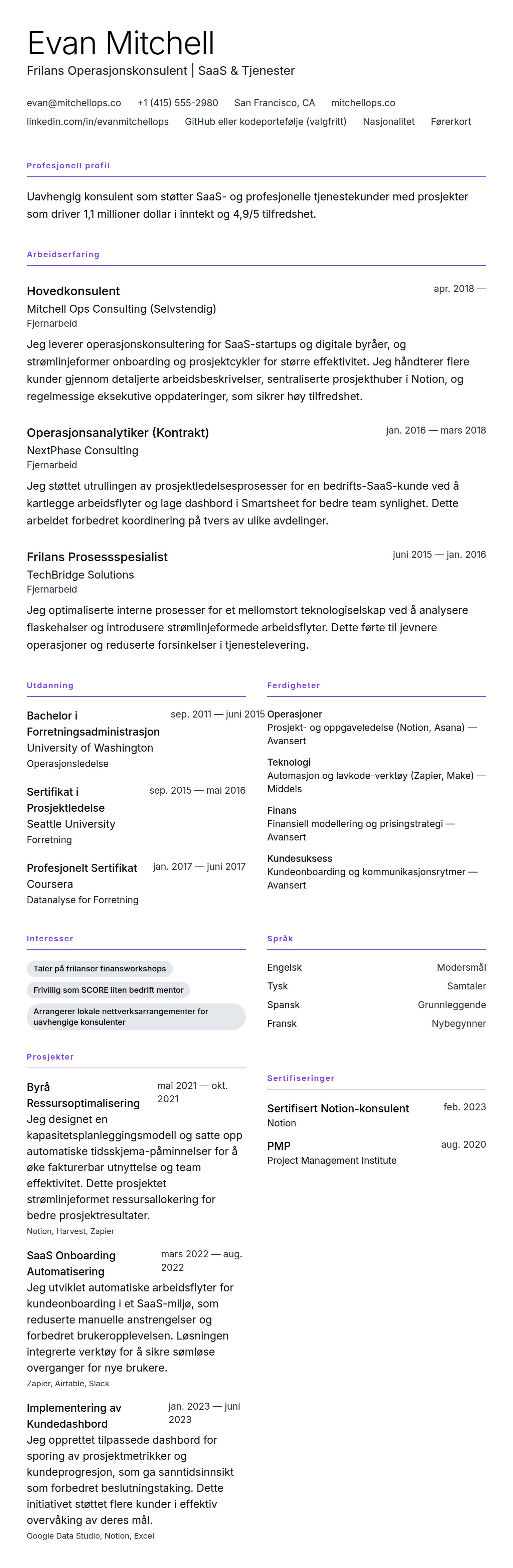 CV-forhåndsvisning for Frilanser CV-eksempel