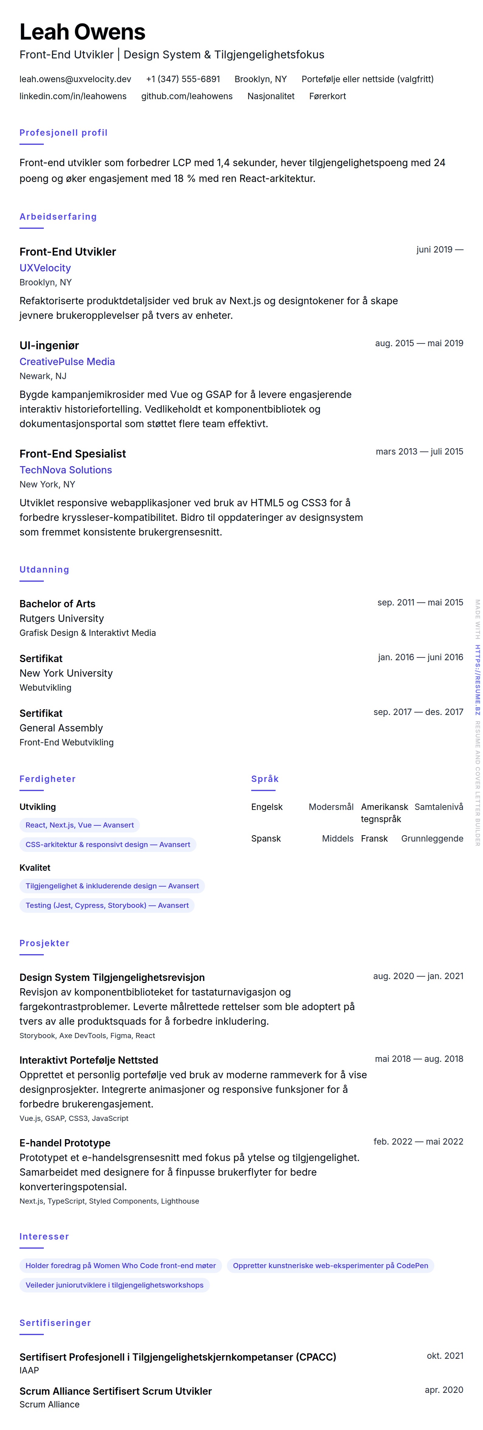 CV-forhåndsvisning for Front-End Utvikler CV-Eksempel