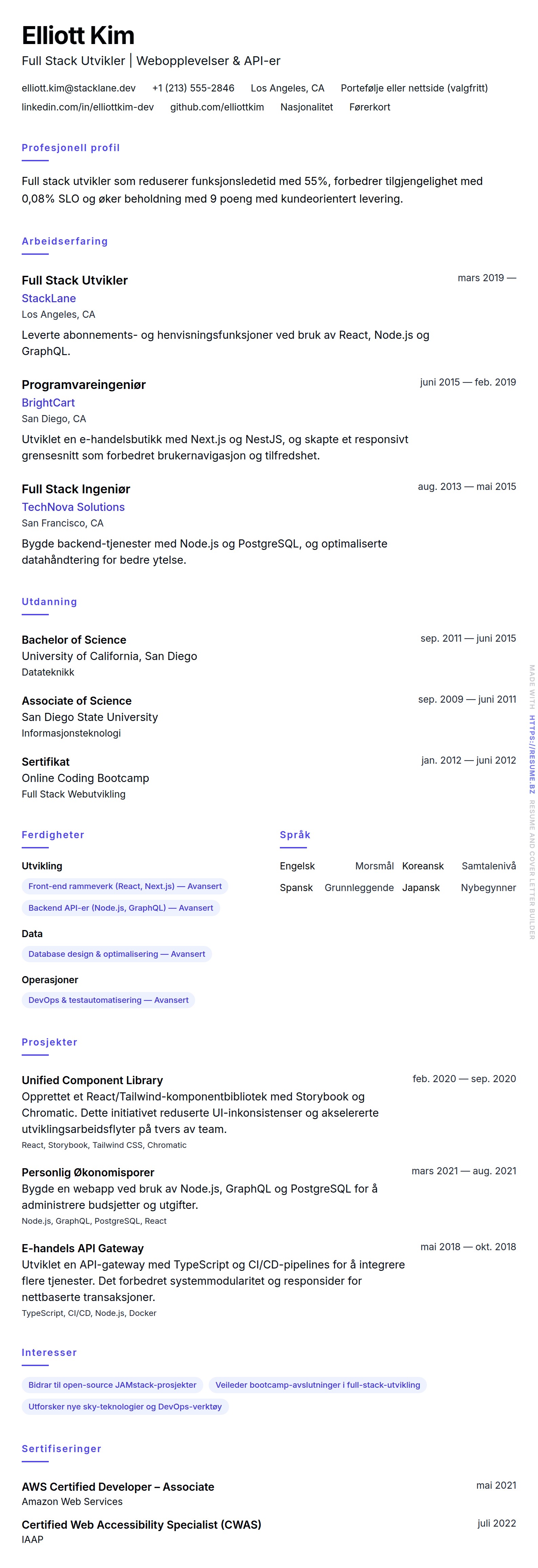 CV-forhåndsvisning for Full Stack Utvikler CV-Eksempel