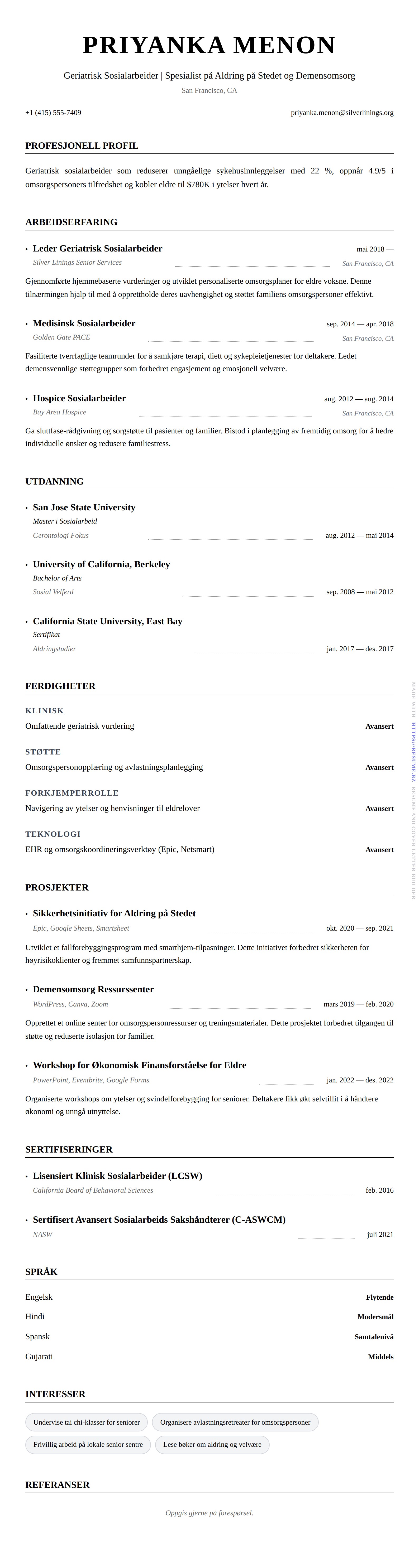 Geriatrisk Sosialarbeider CV-Eksempel