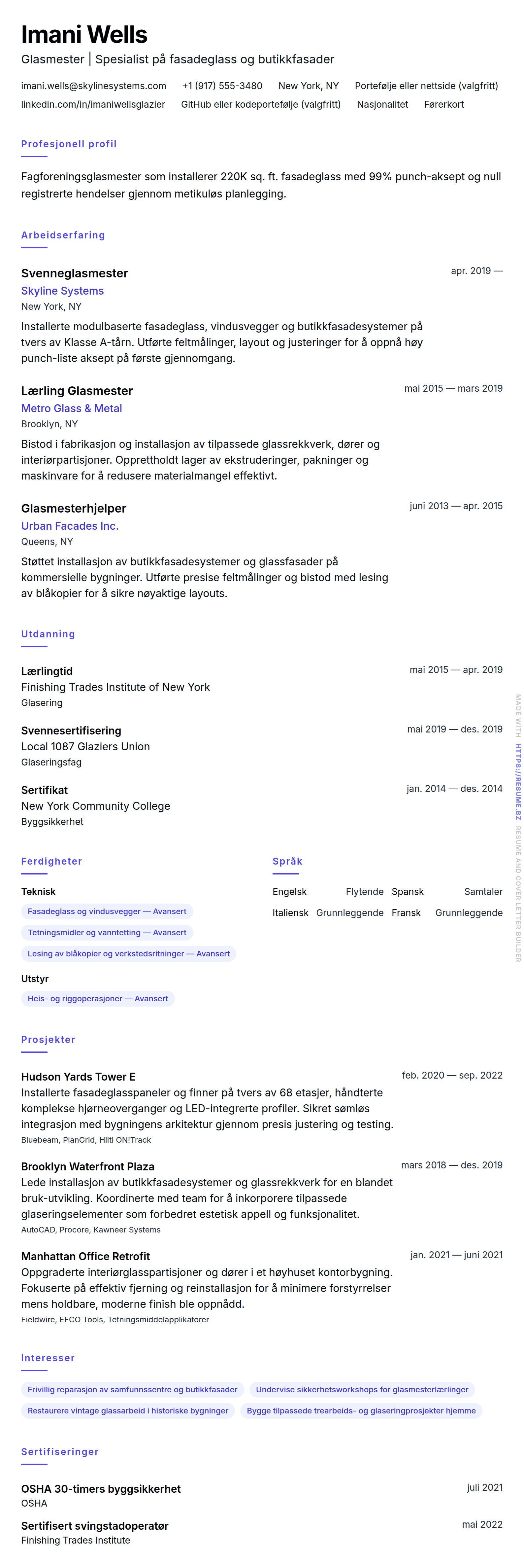 CV-forhåndsvisning for Glasmester CV-eksempel