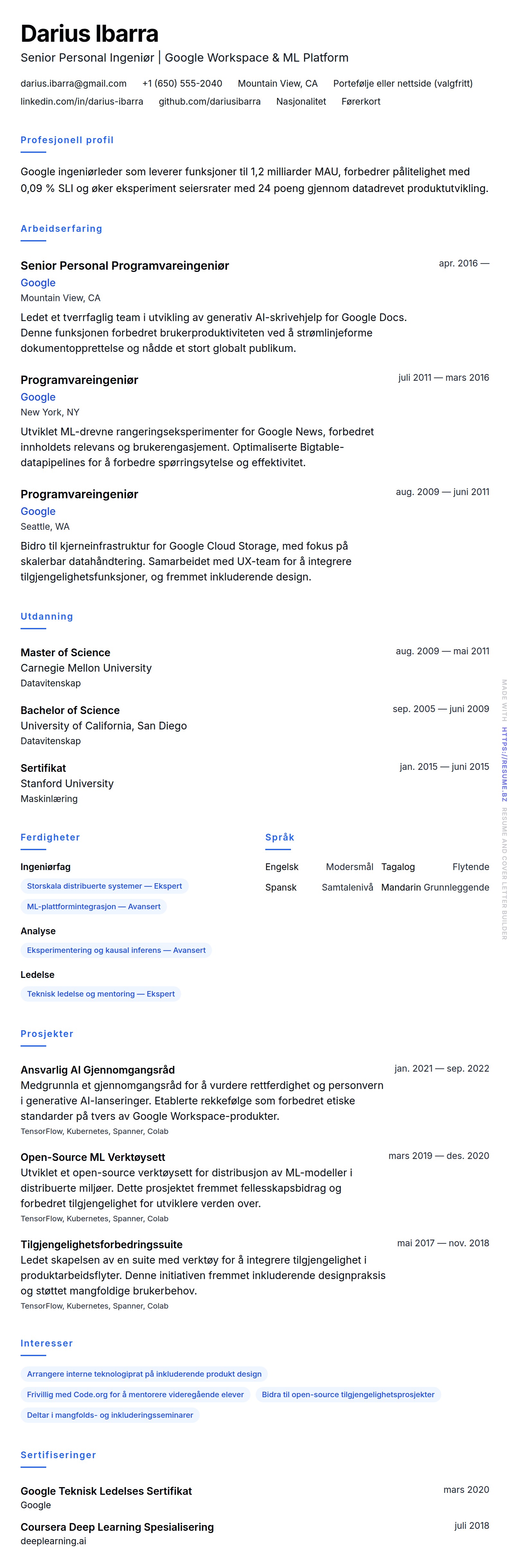 CV-forhåndsvisning for Google CV Eksempel