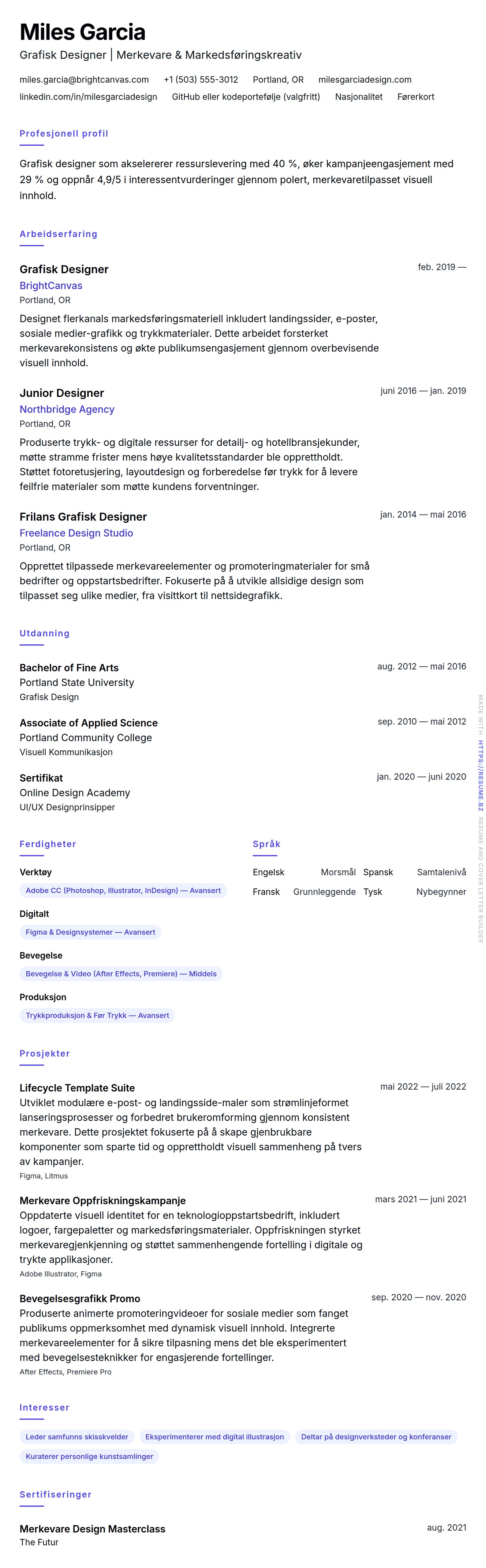 CV-forhåndsvisning for Grafisk Designer CV-Eksempel