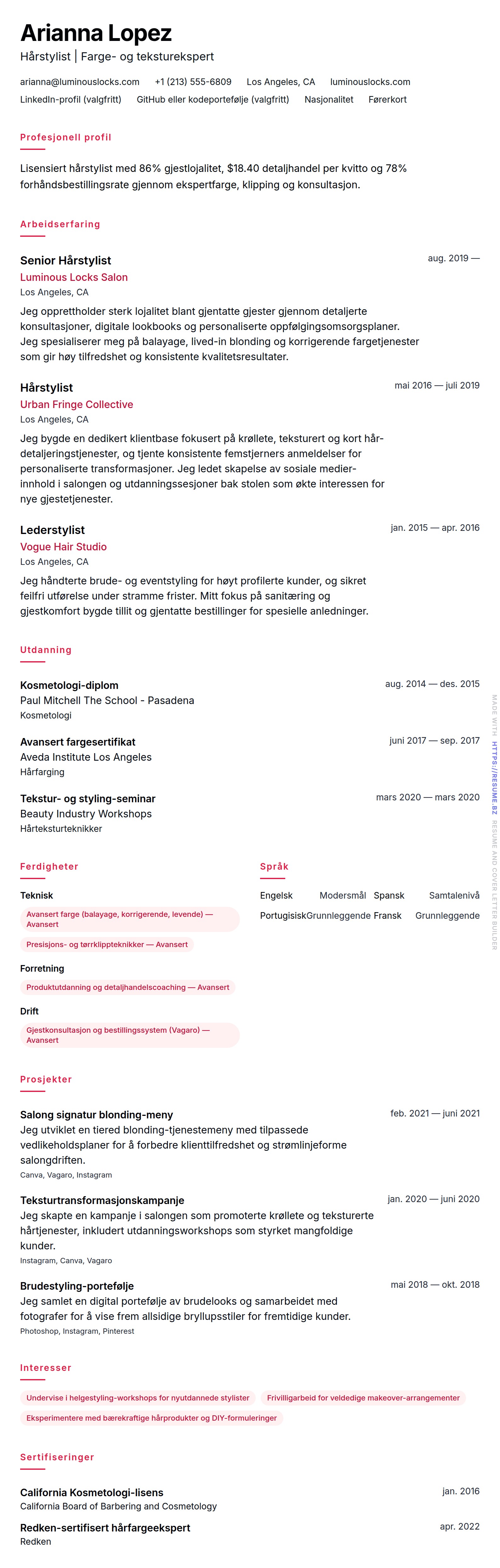 Hårstylist CV-eksempel