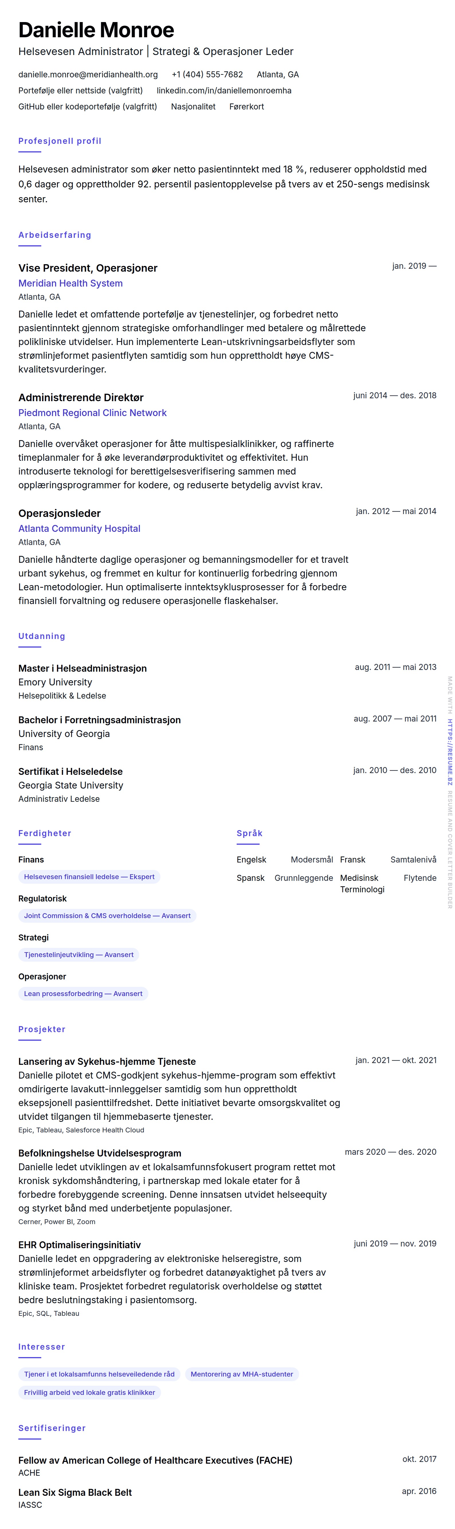 CV-forhåndsvisning for Helsevesen Administrasjon CV-Eksempel