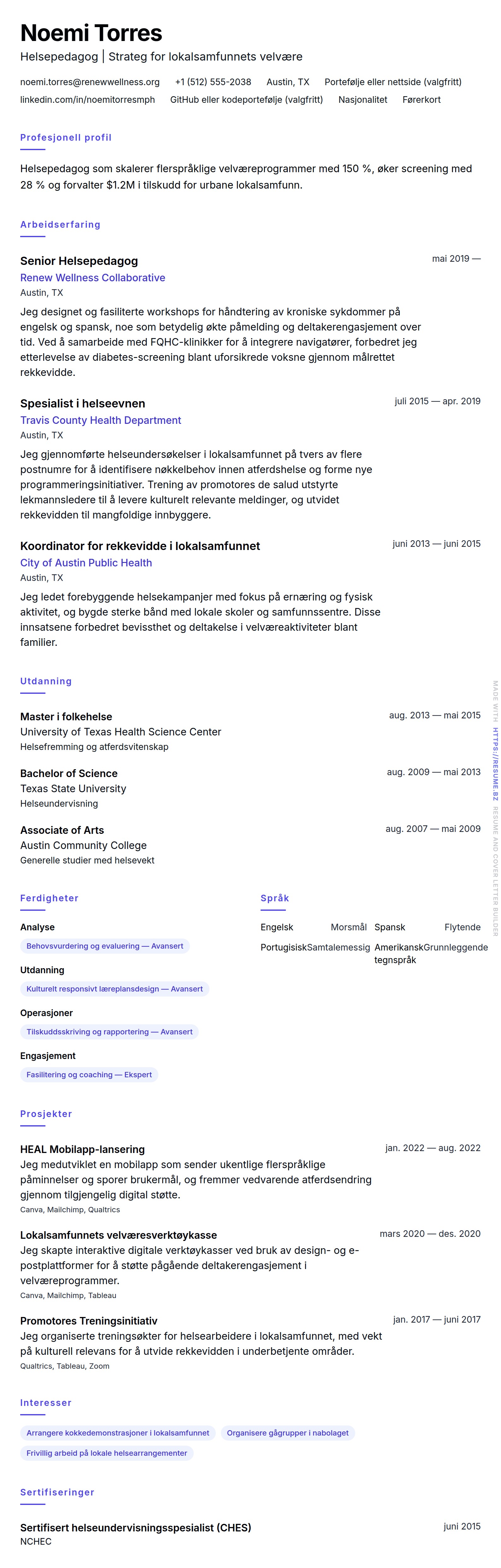 CV-forhåndsvisning for Helsepedagog CV-eksempel
