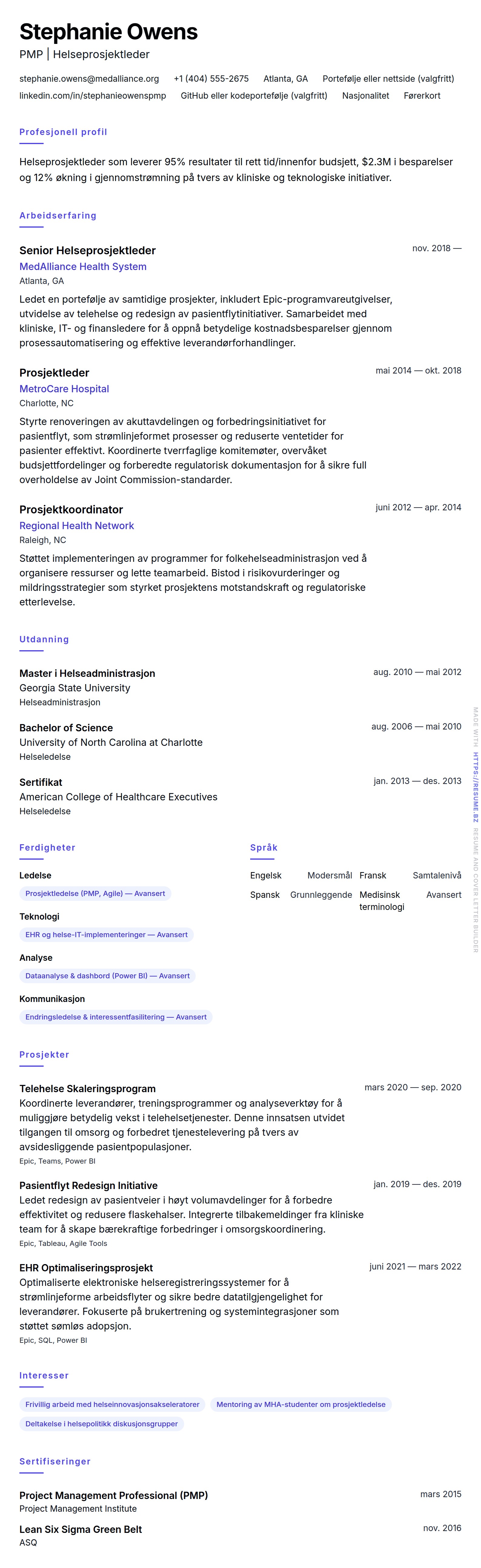 CV-forhåndsvisning for Eksempel på CV for Helseprosjektleder