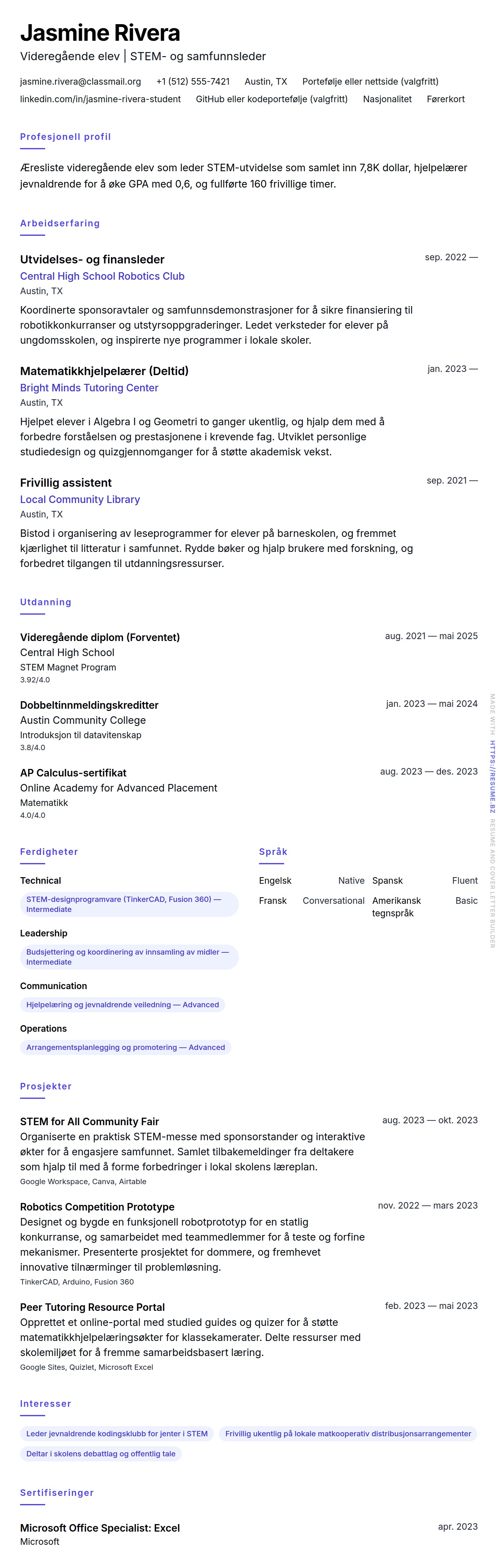 Eksempel på CV for videregående elev