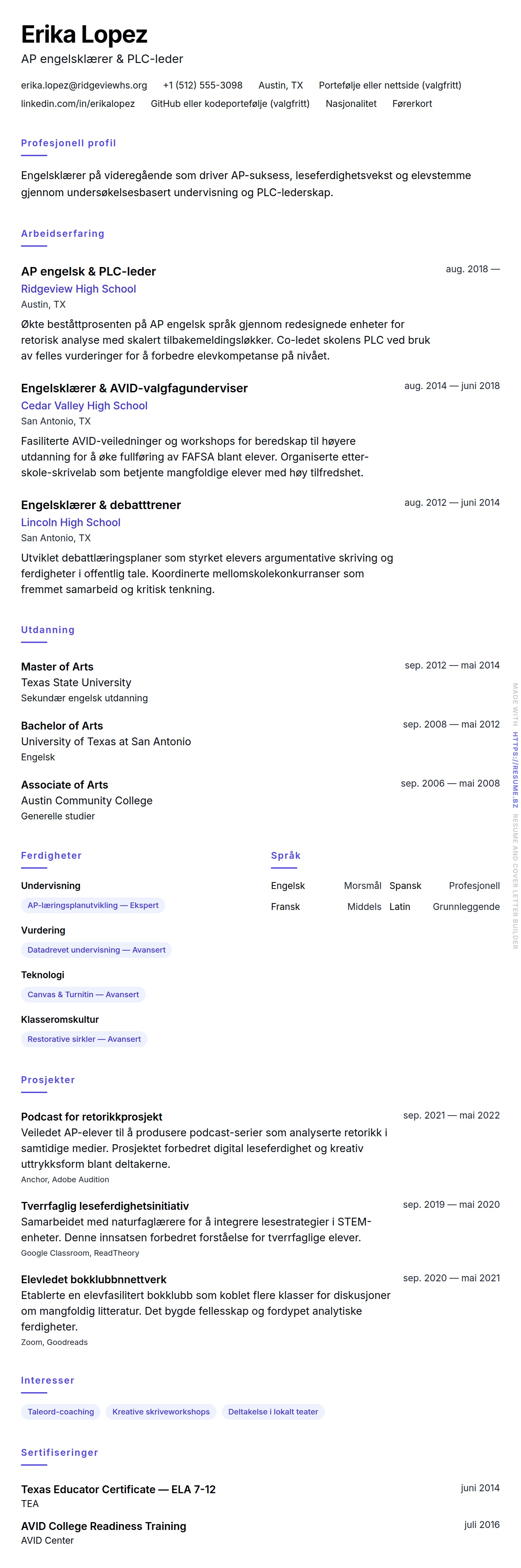 CV-forhåndsvisning for Videregående lærer CV-eksempel