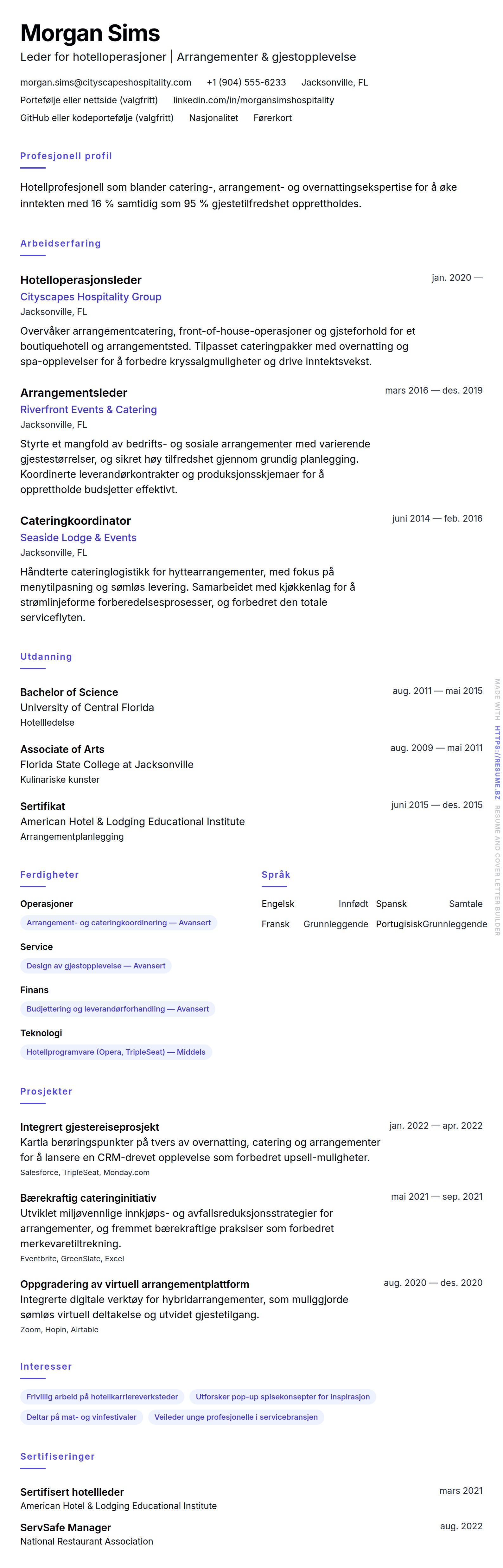 CV-forhåndsvisning for Eksempel på CV for hotell- og cateringprofesjonell