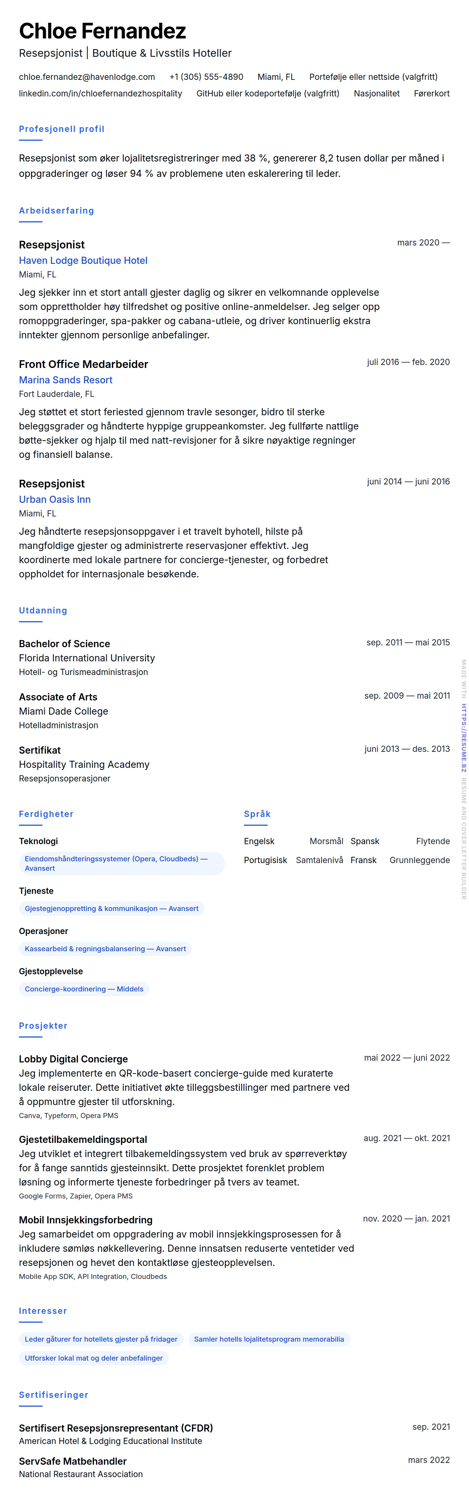 CV-forhåndsvisning for Hotellresepsjonist CV-eksempel