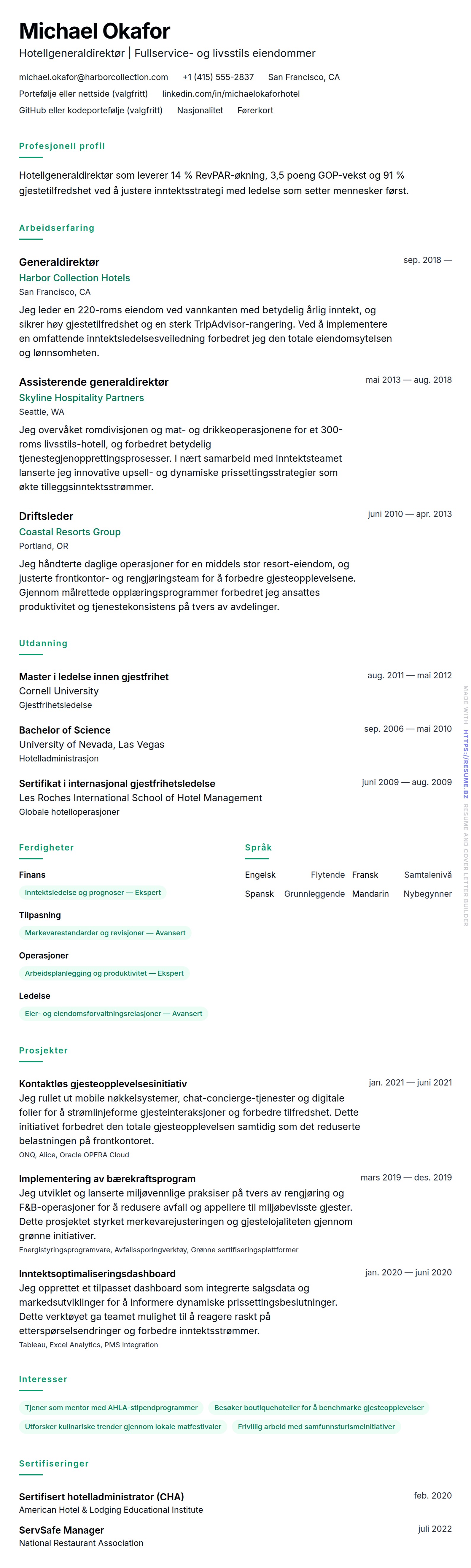 CV-forhåndsvisning for Hotellledelse CV-eksempel