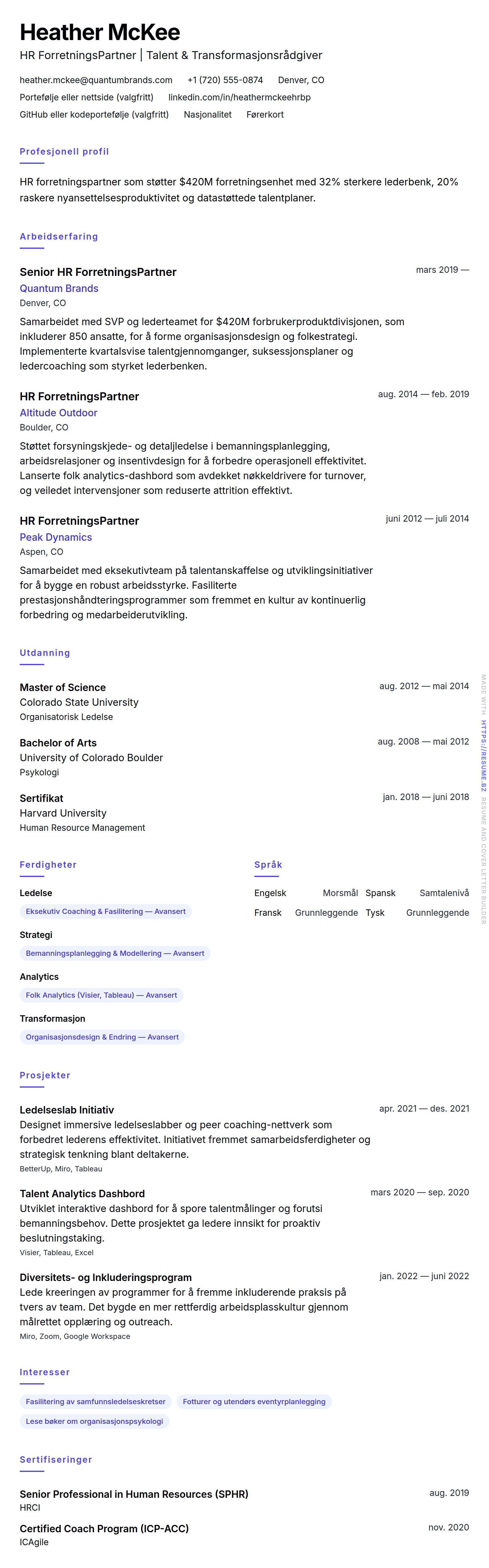 CV-forhåndsvisning for HR ForretningsPartner CV Eksempel