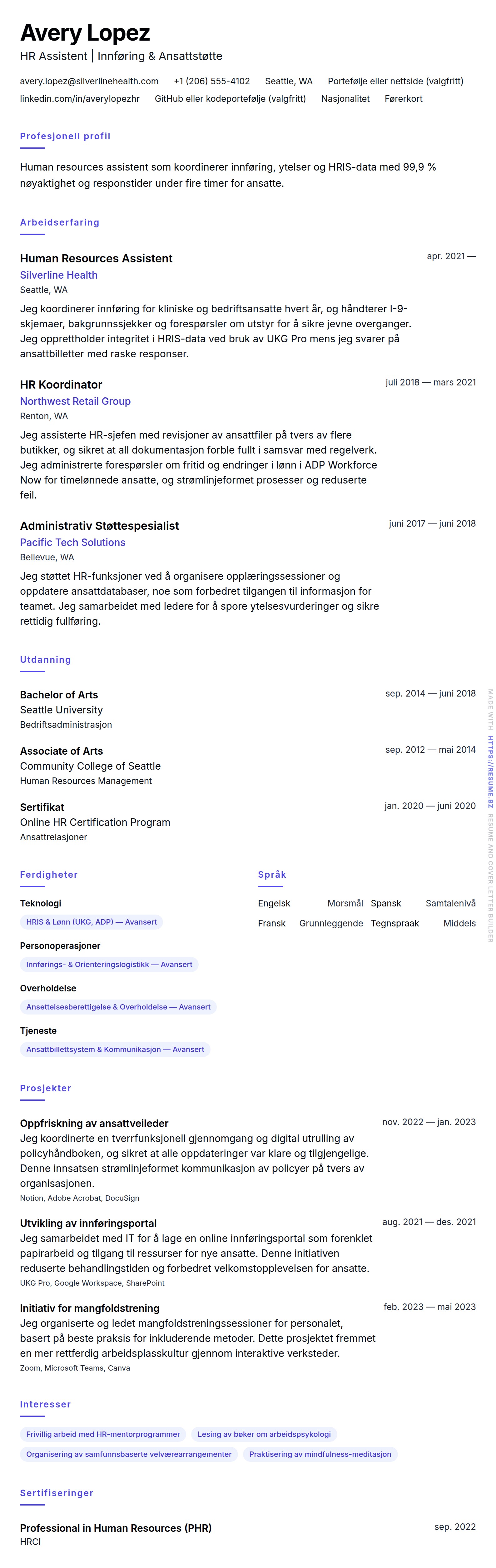 CV-forhåndsvisning for Human Resources Assistent CV Eksempel