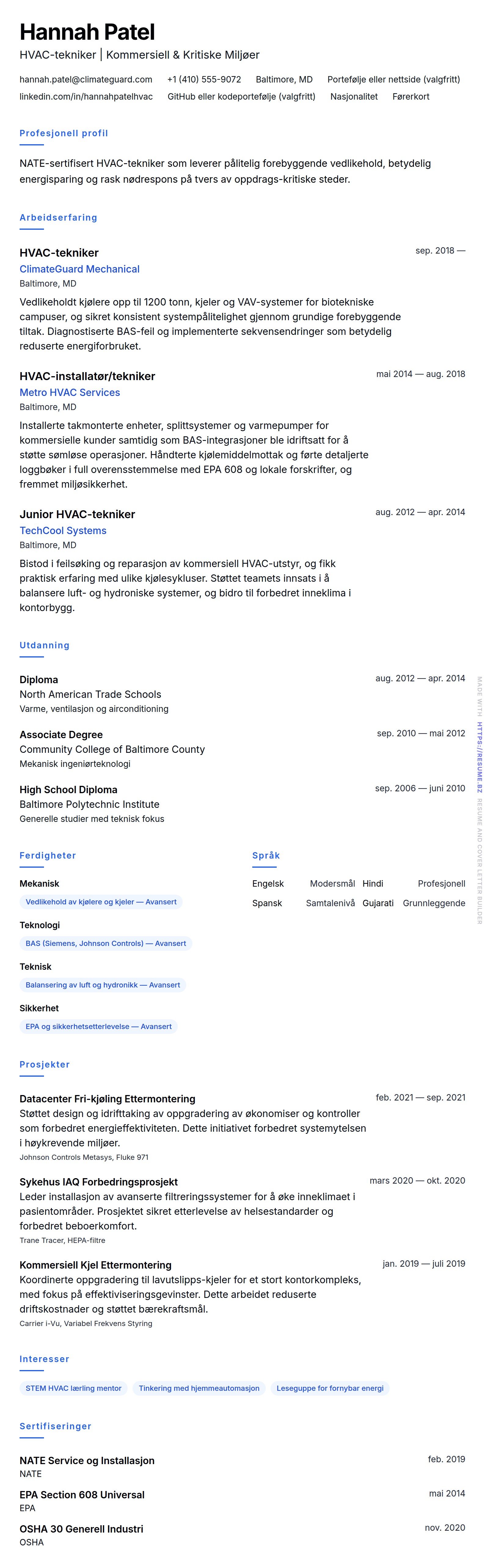CV-forhåndsvisning for Eksempel på CV for HVAC-tekniker