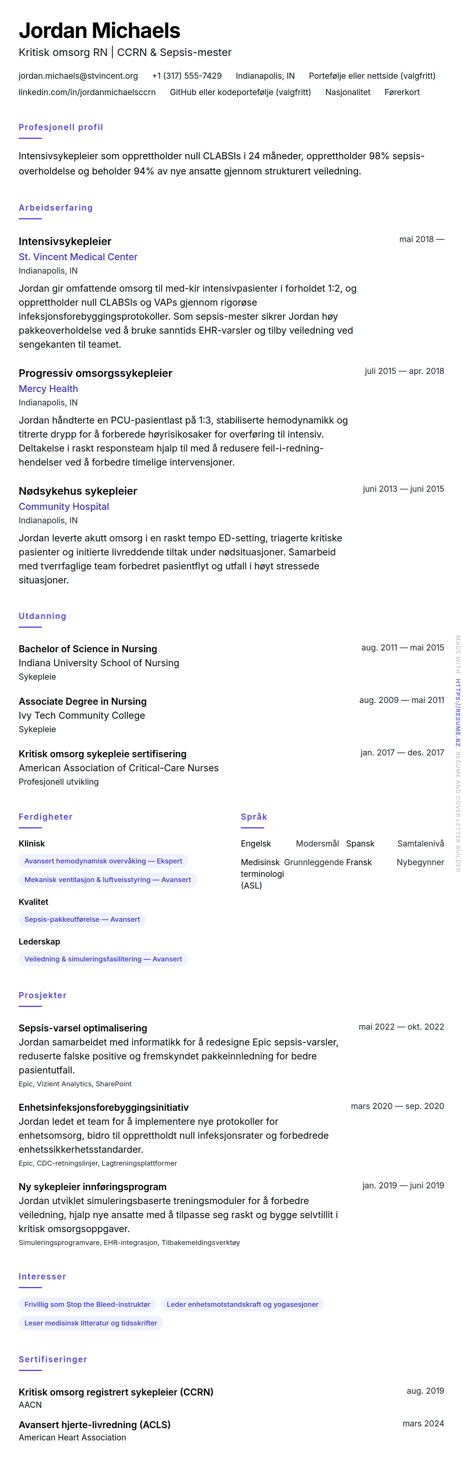 CV-forhåndsvisning for Intensivsykepleier CV-eksempel