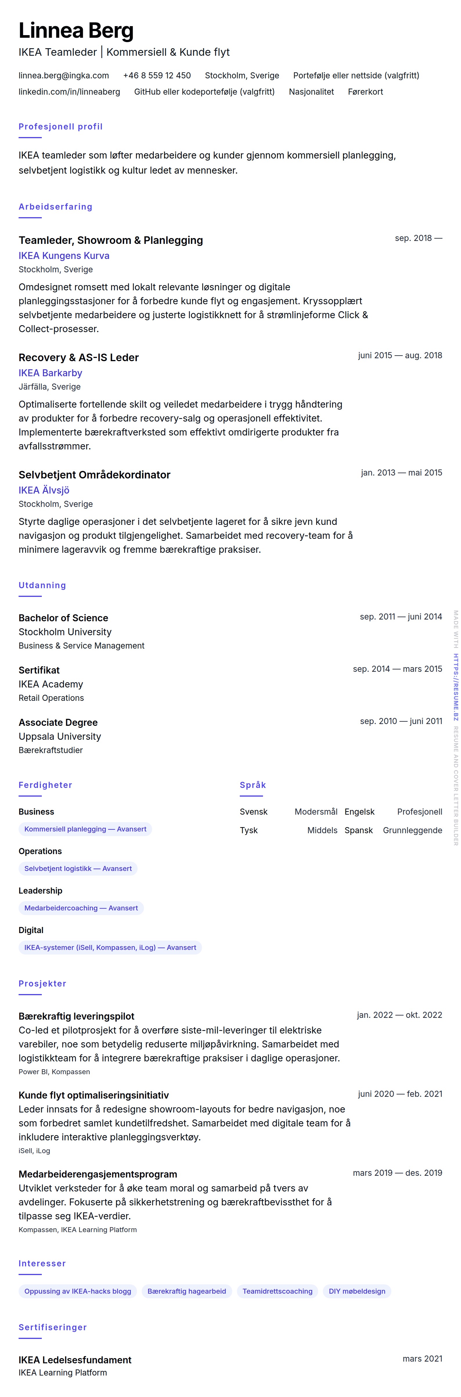 CV-forhåndsvisning for IKEA Teamleder CV-eksempel