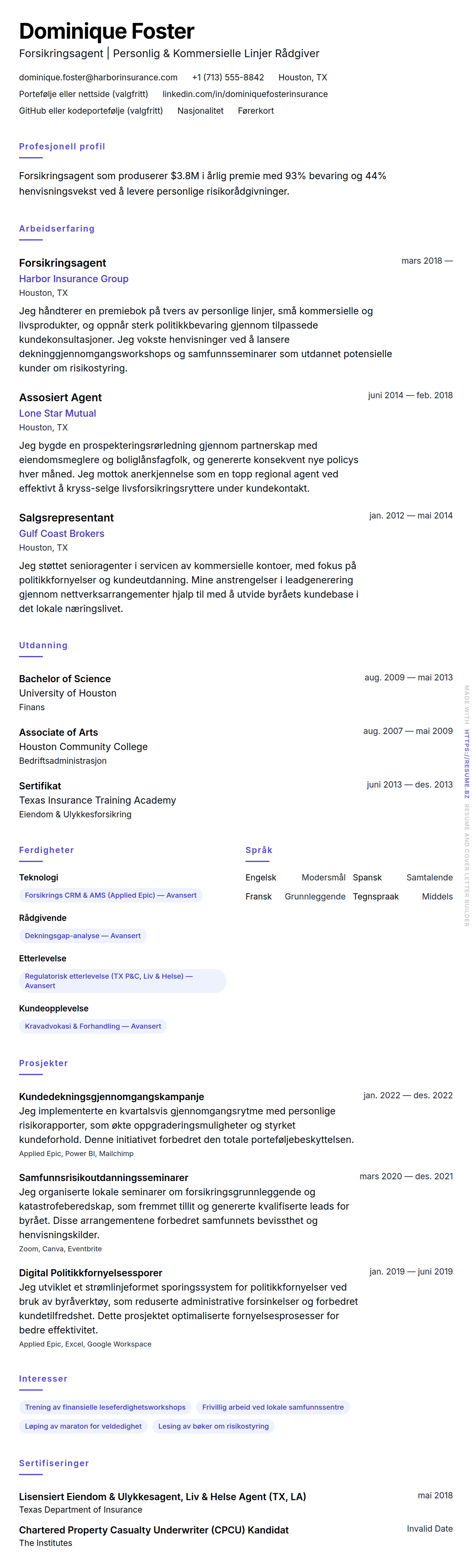 CV-forhåndsvisning for Forsikringsagent CV-eksempel