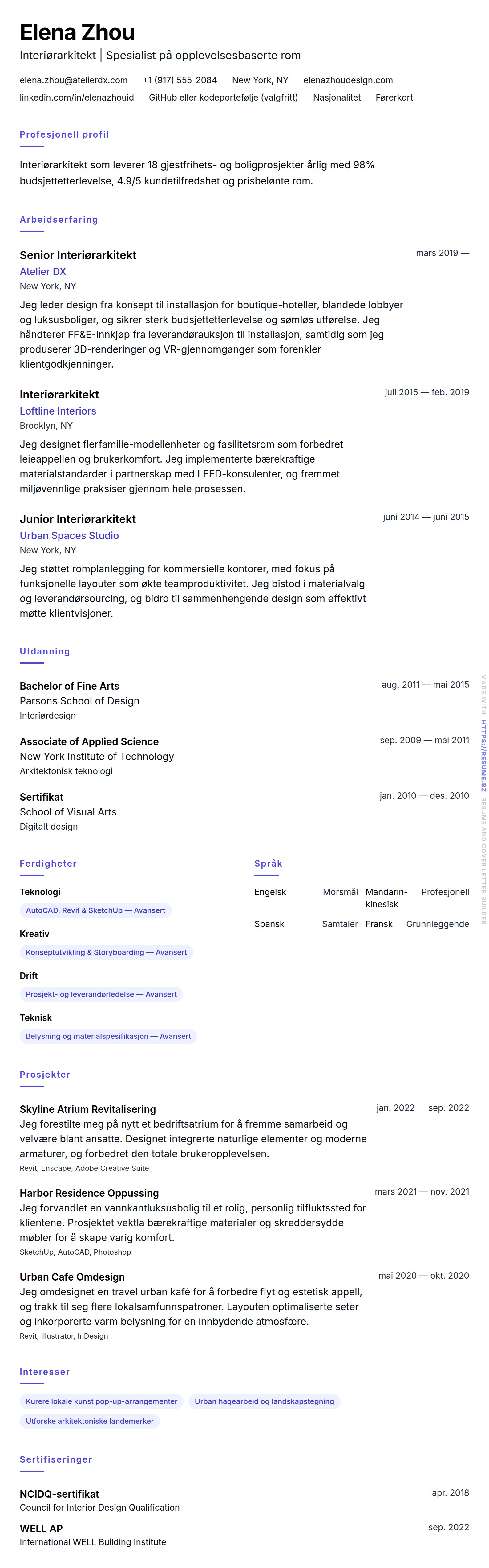 CV-forhåndsvisning for Interiørarkitekt CV-eksempel