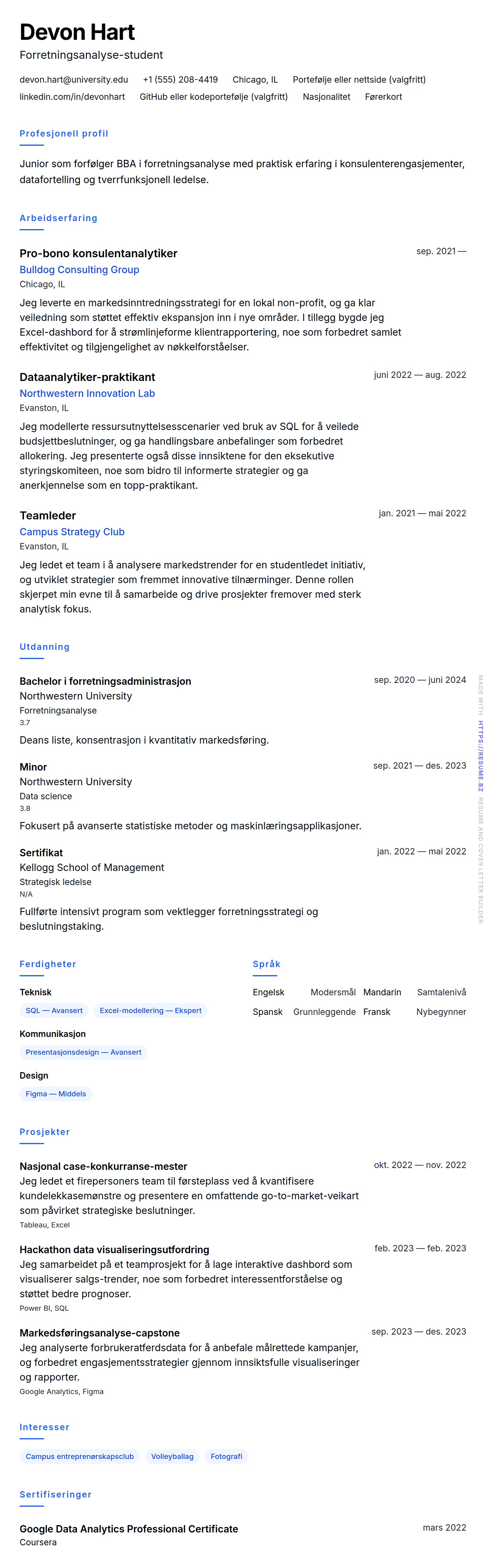 CV-forhåndsvisning for Praksis CV-eksempel