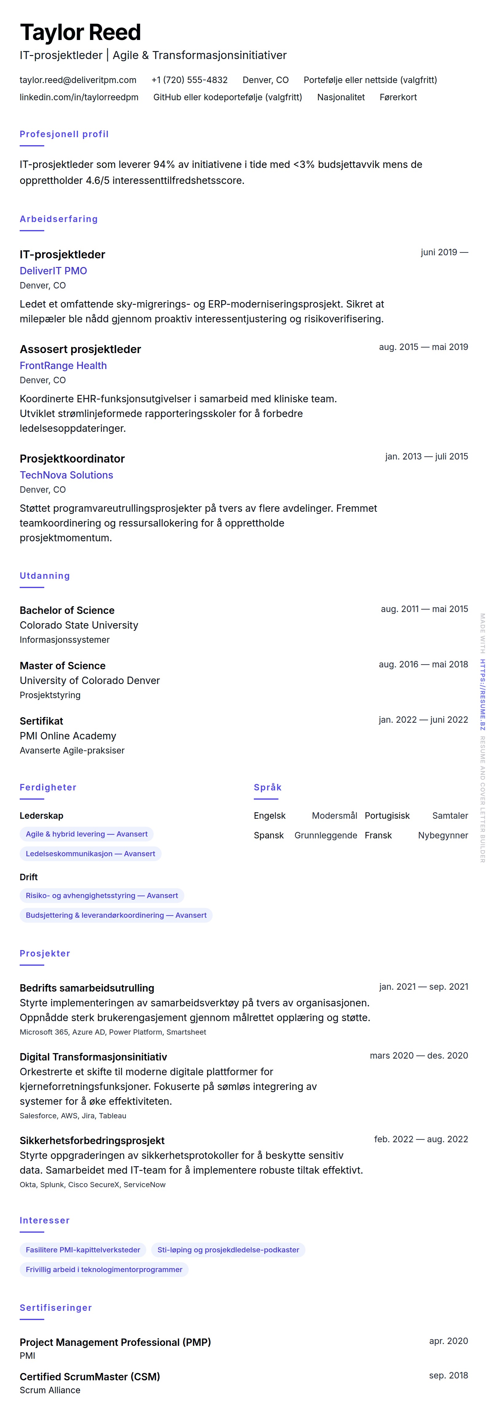 CV-forhåndsvisning for IT-prosjektleder CV-eksempel