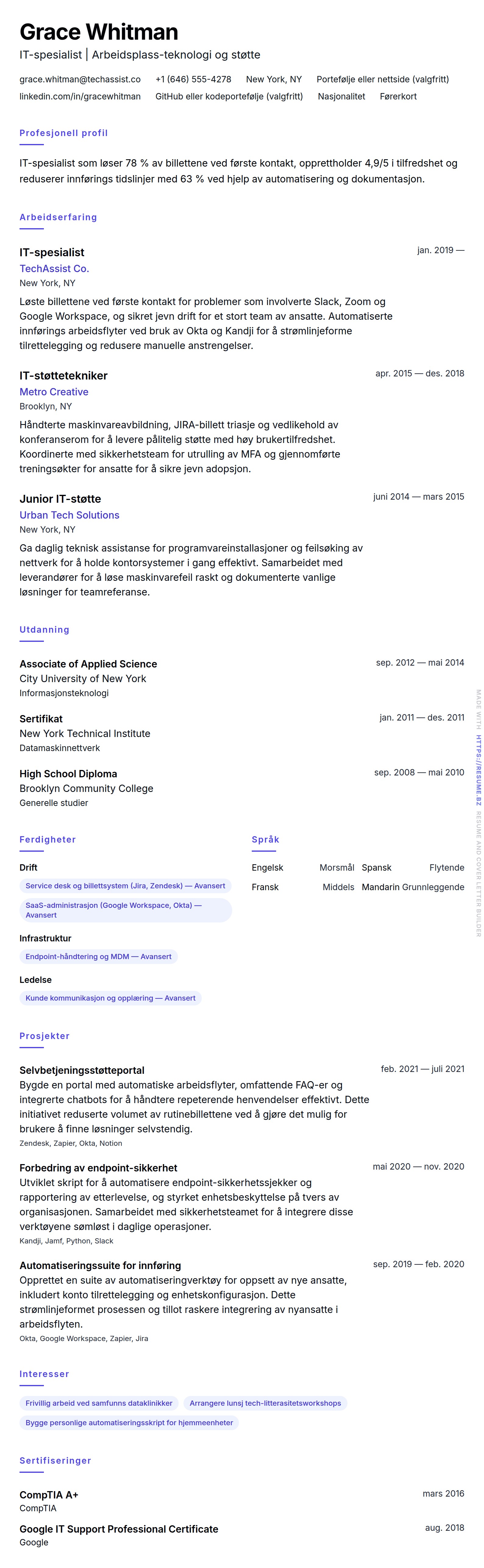 CV-forhåndsvisning for Eksempel på CV for IT-spesialist