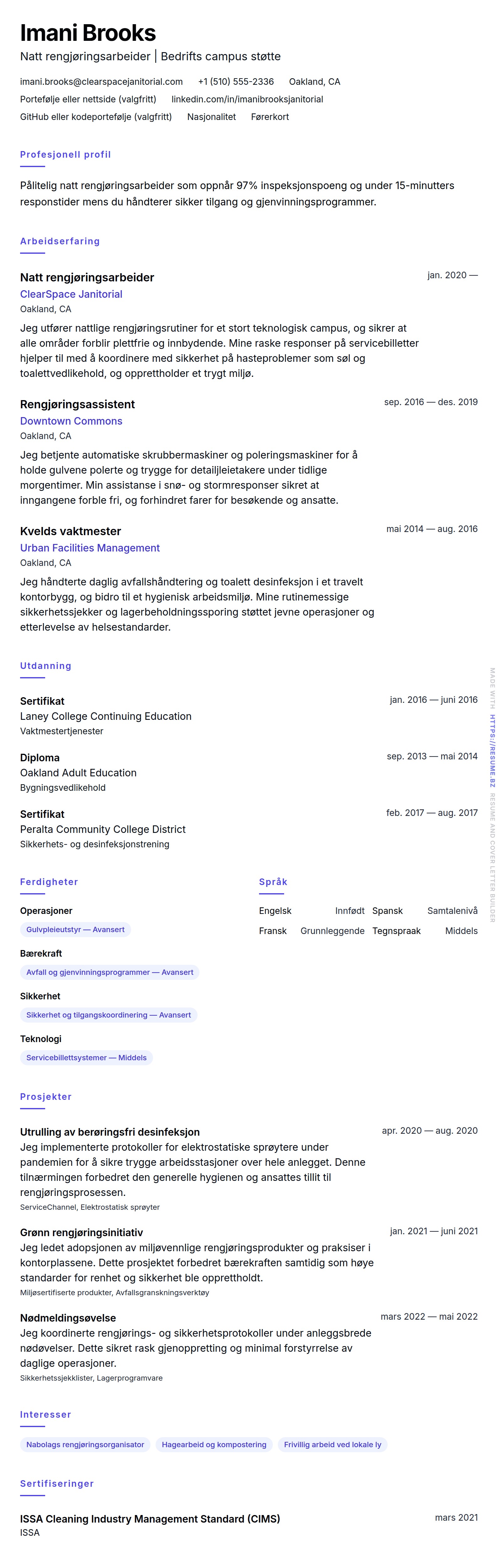 Eksempel på CV for rengjøringsarbeider