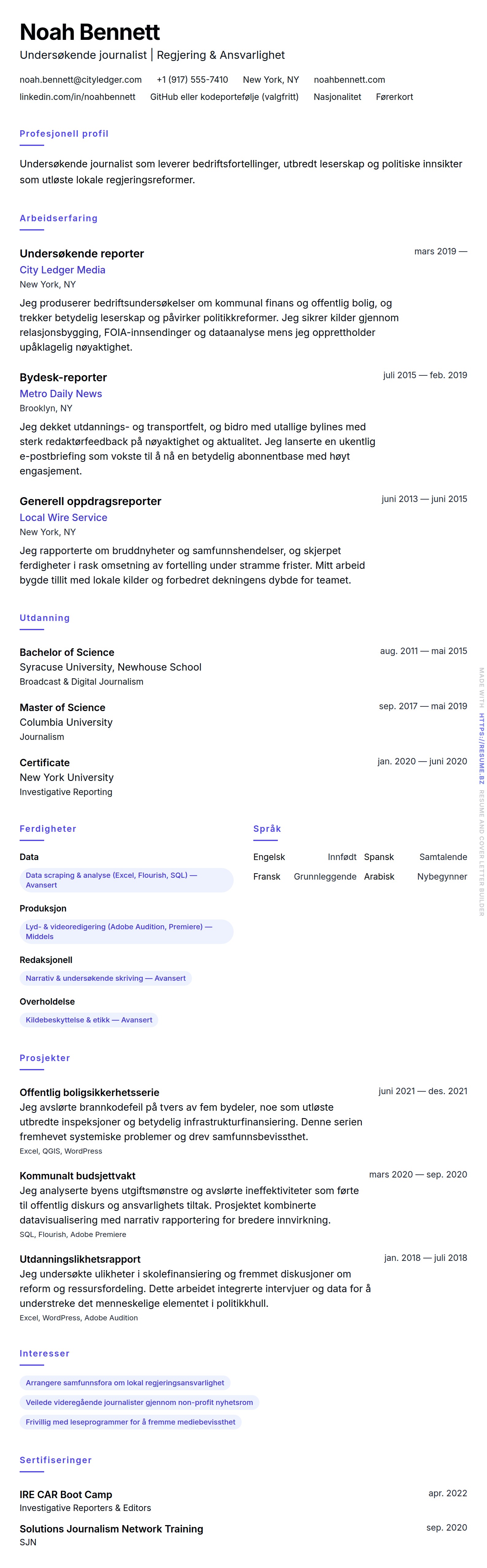 CV-forhåndsvisning for Journalist CV-eksempel