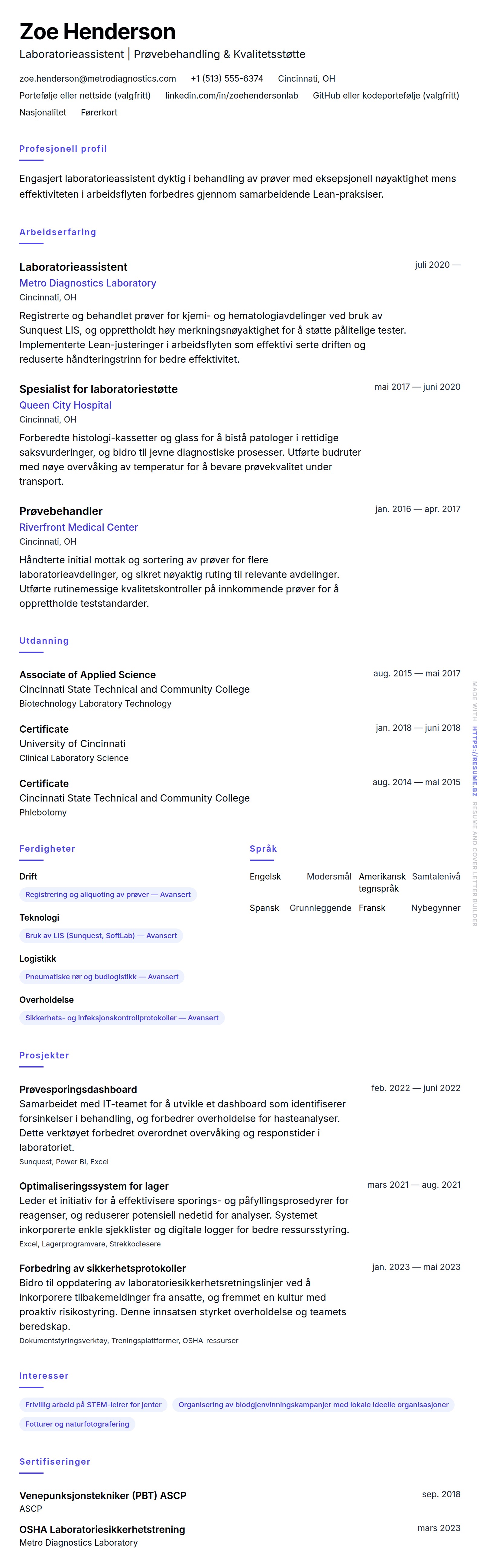 CV-forhåndsvisning for Eksempel på CV for laboratorieassistent