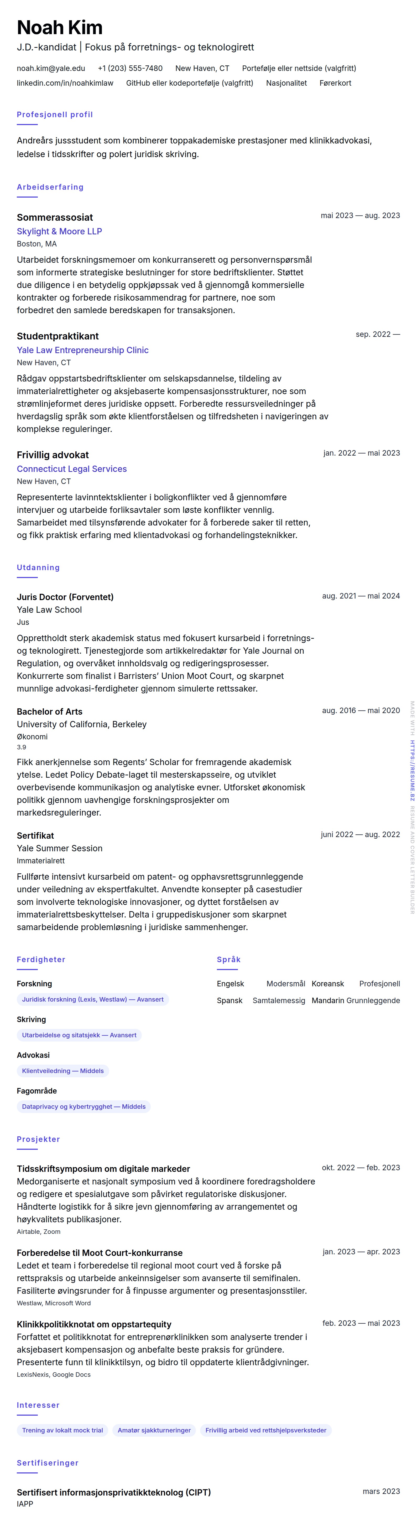Eksempel på CV for jussstudent