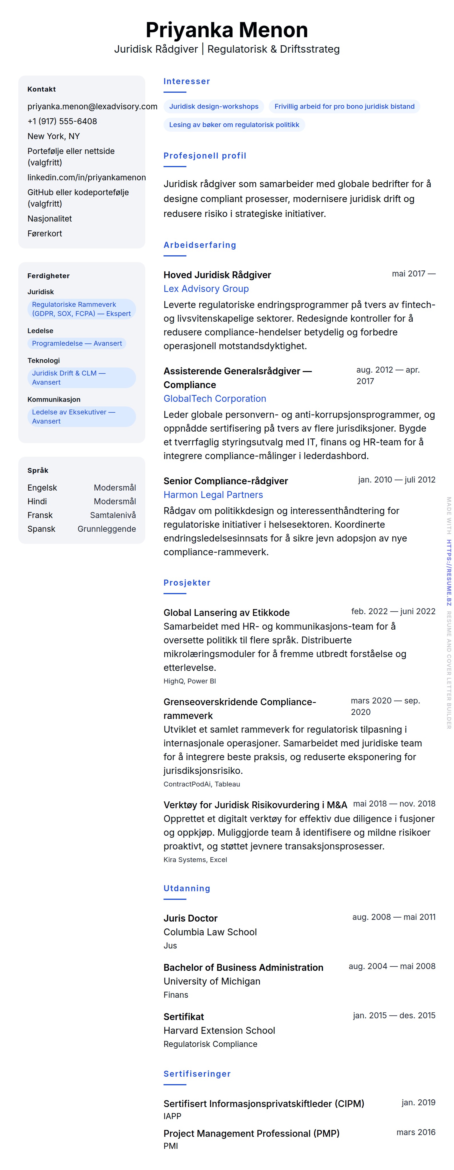 CV-forhåndsvisning for Eksempel på CV for Juridisk Rådgiver