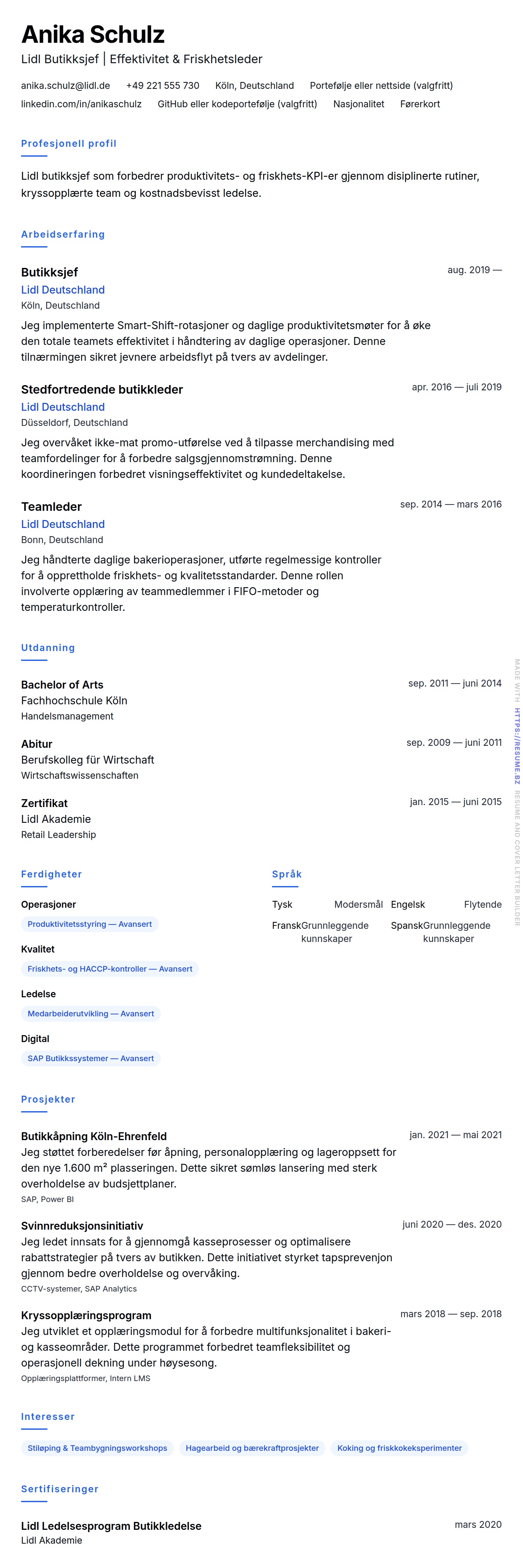 CV-forhåndsvisning for Lidl Butikksjef CV-Eksempel