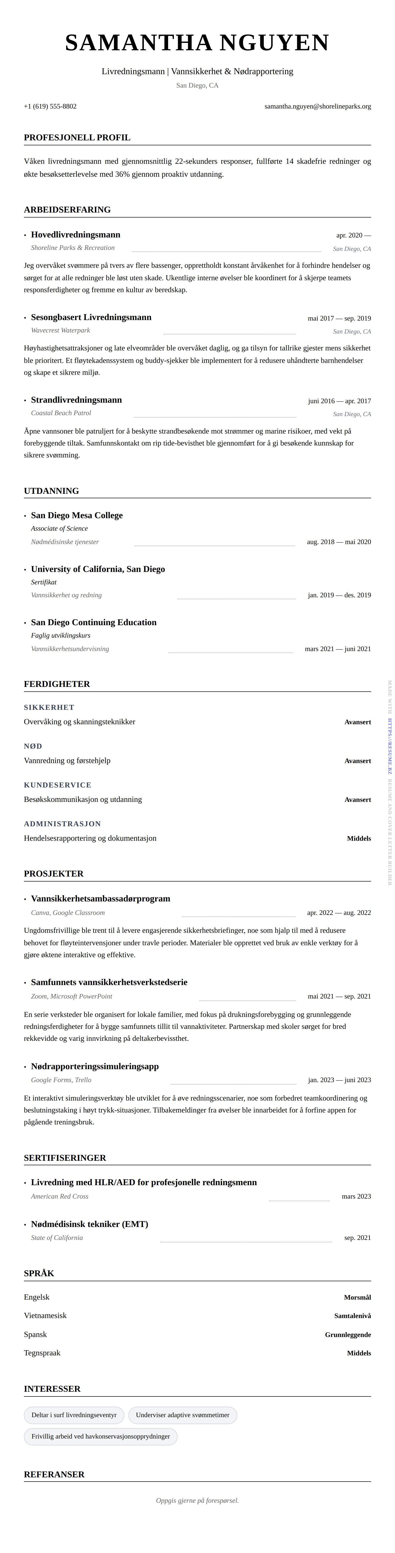 CV-forhåndsvisning for Livredningsmann CV-eksempel