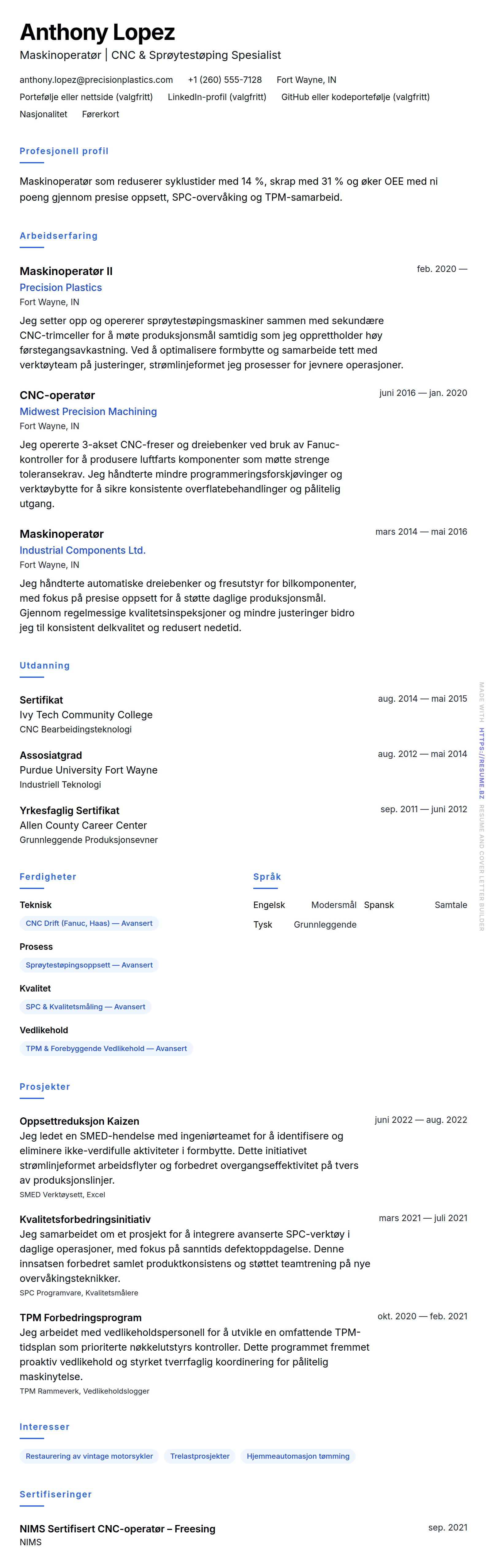 Maskinoperatør CV-eksempel