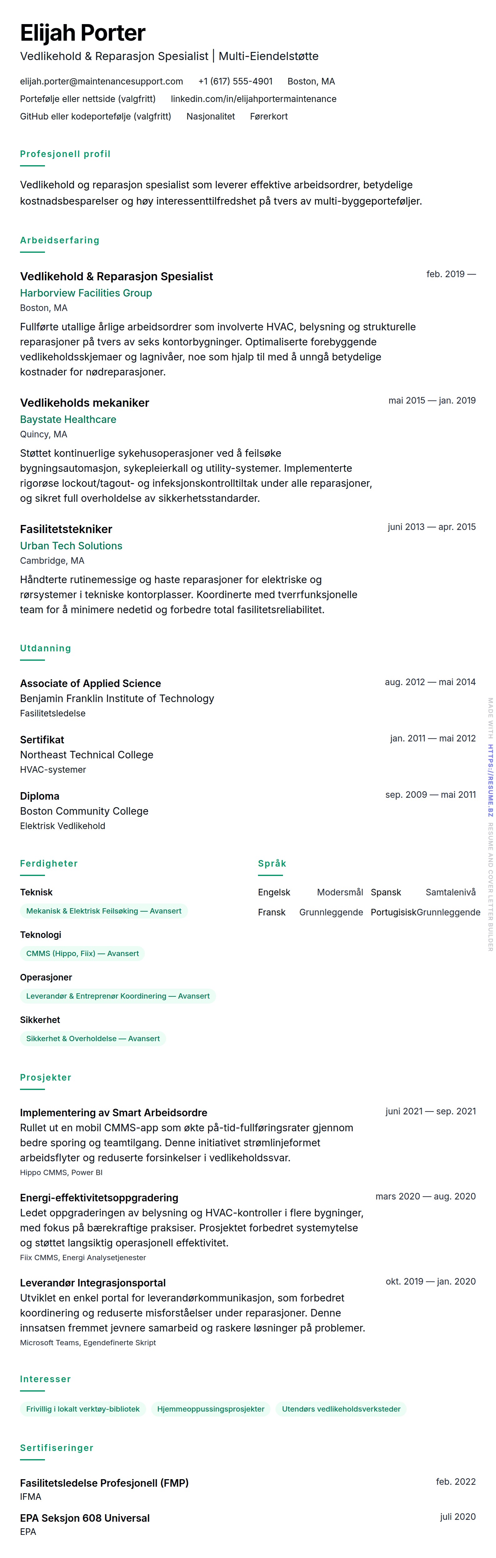 CV-forhåndsvisning for Vedlikehold & Reparasjon CV-Eksempel
