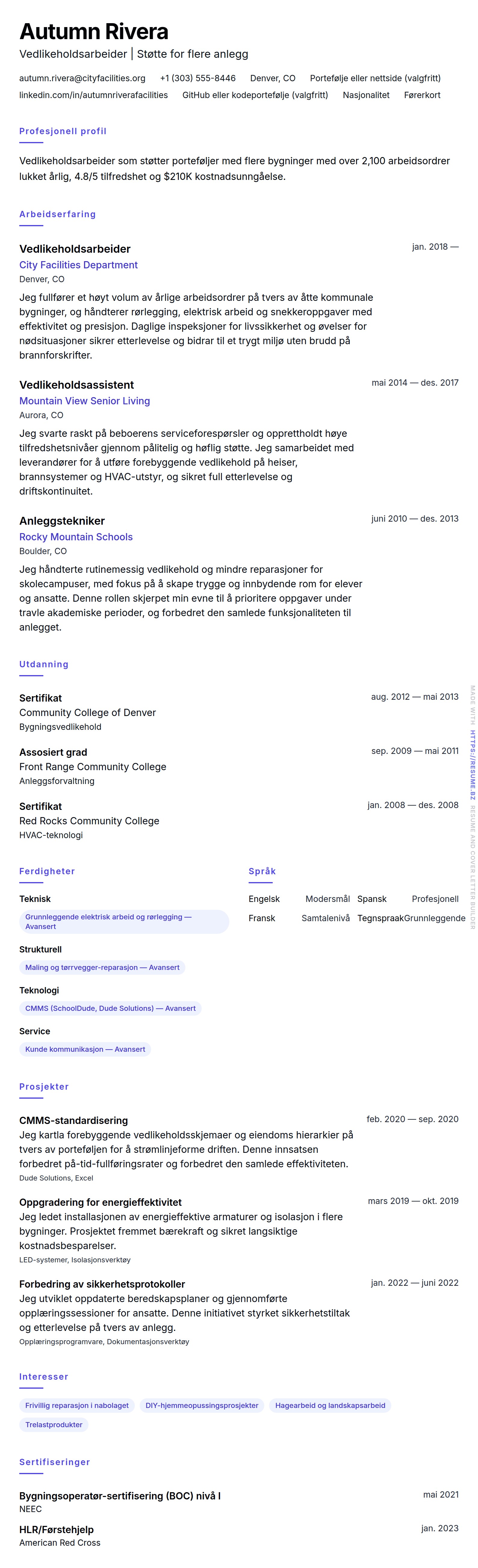 CV-forhåndsvisning for Vedlikeholdsarbeider CV-eksempel