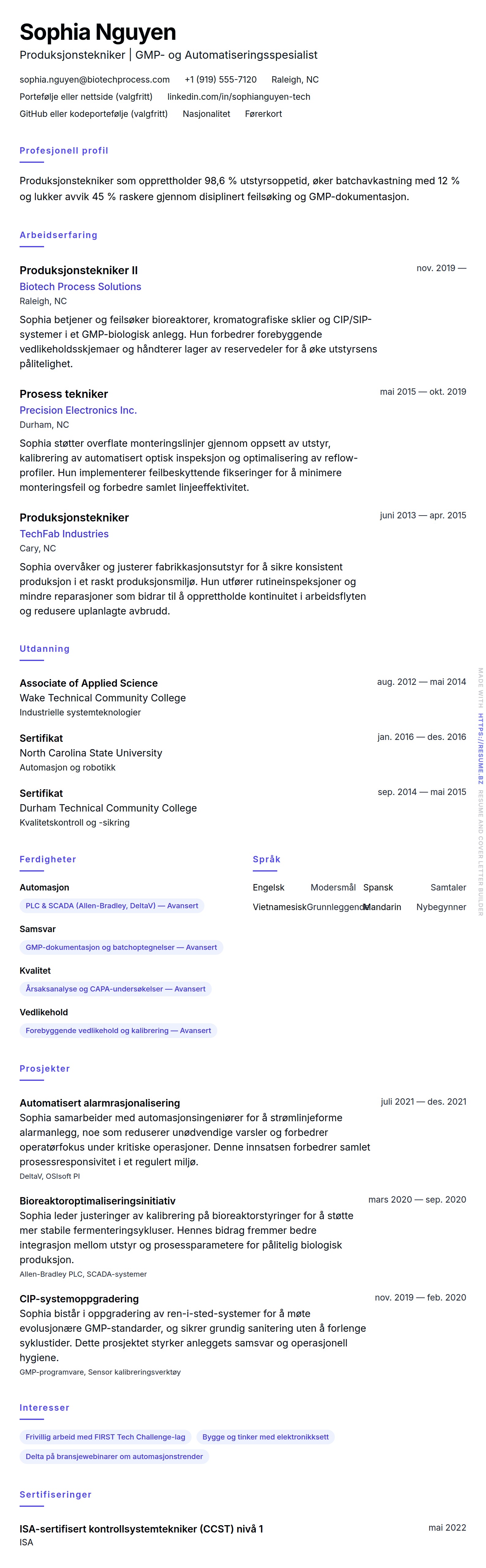 CV-forhåndsvisning for Eksempel på CV for Produksjonstekniker