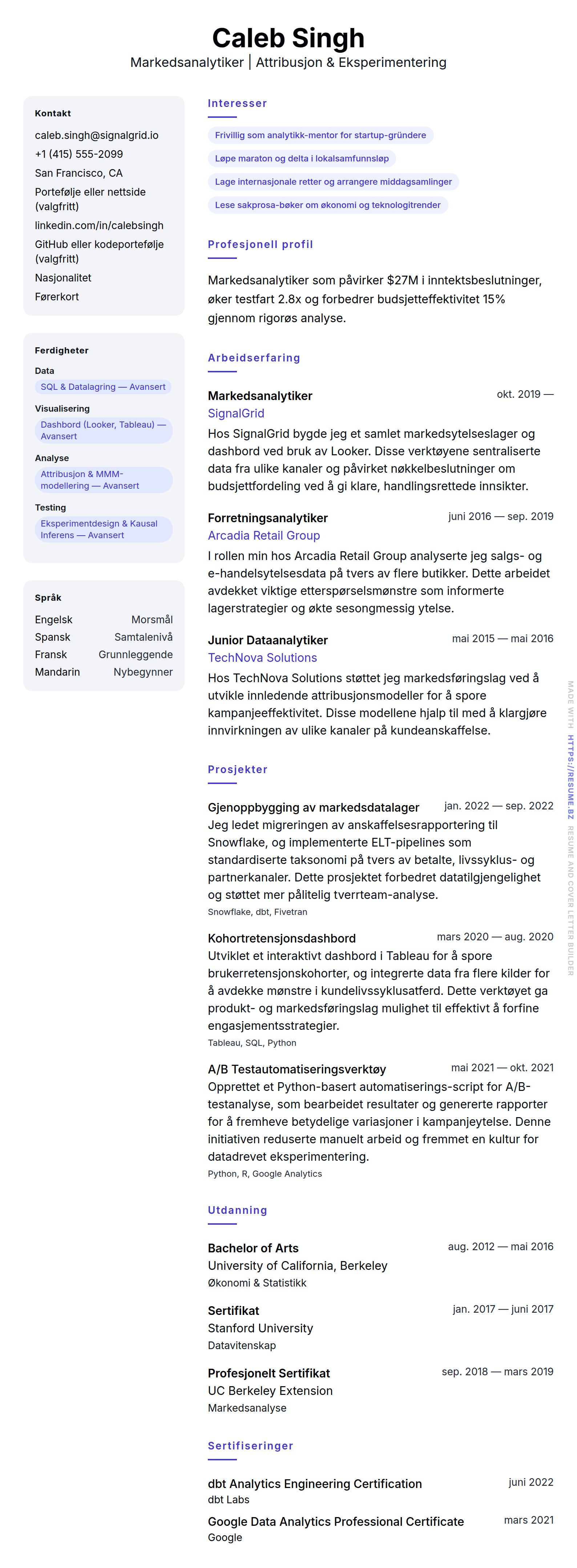 CV-forhåndsvisning for Markedsanalytiker CV-eksempel