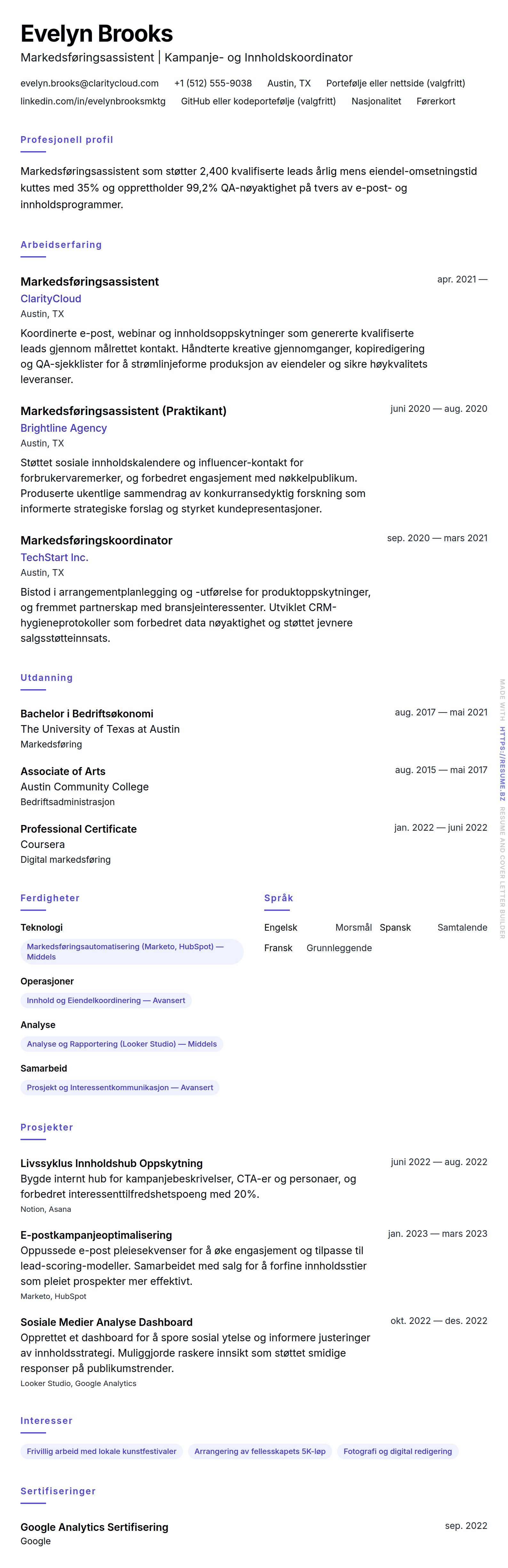 CV-forhåndsvisning for Markedsføringsassistent CV-eksempel