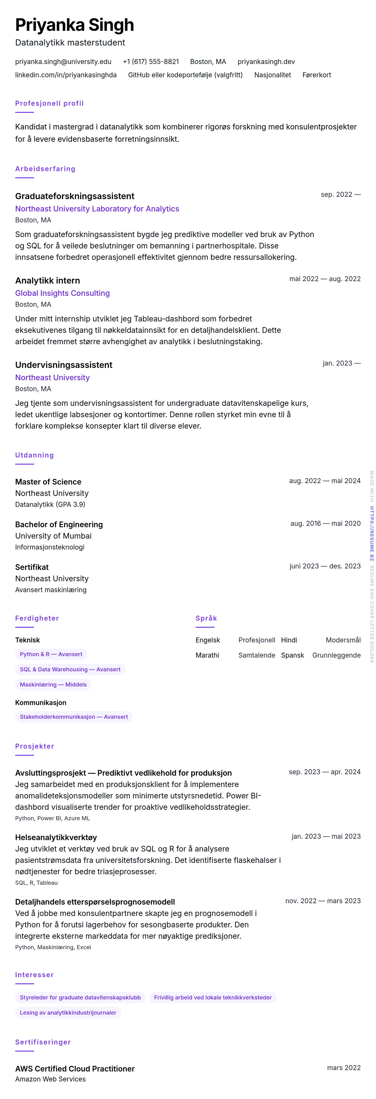 CV-forhåndsvisning for Eksempel på masterstudent-CV