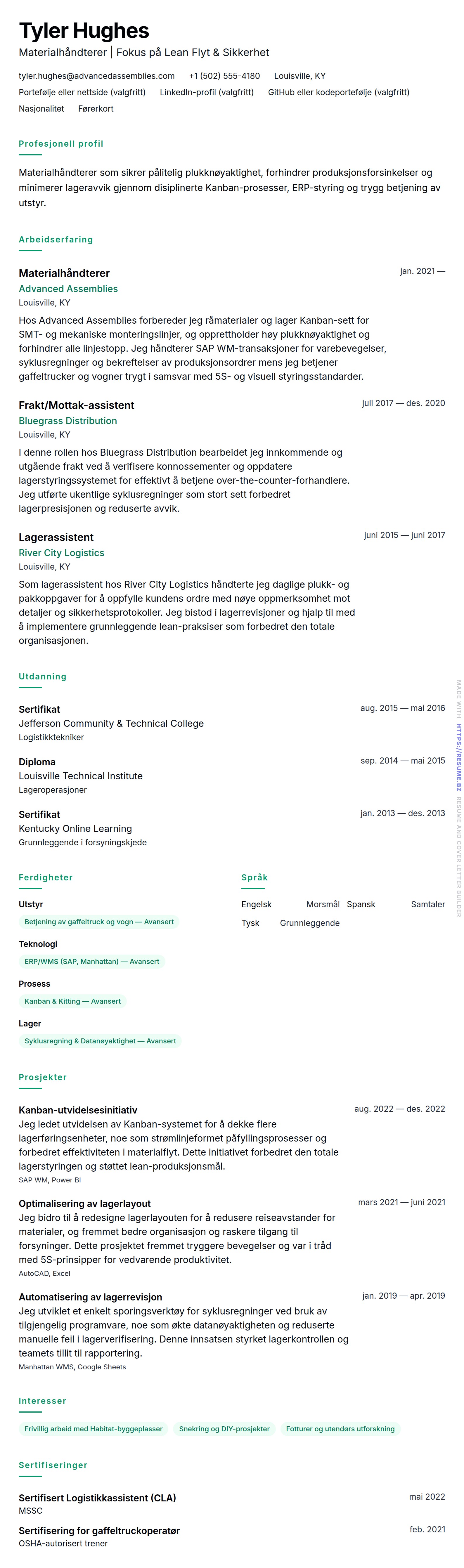 CV-forhåndsvisning for Materialhåndterer CV-eksempel