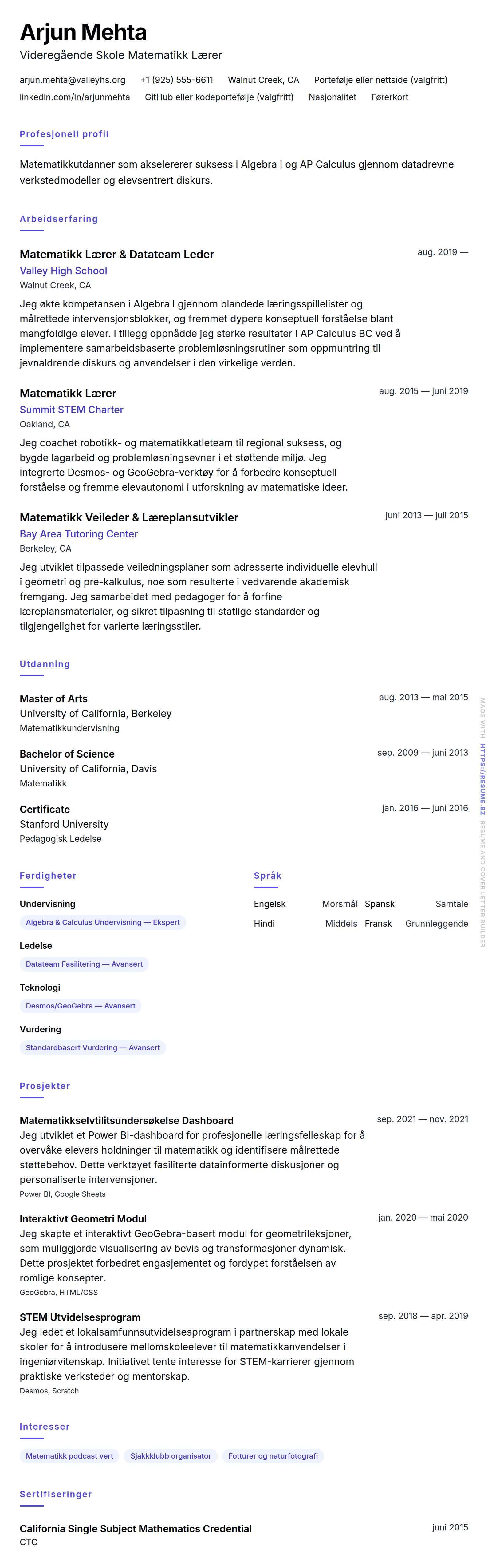 CV-forhåndsvisning for Matematikk Lærer CV Eksempel