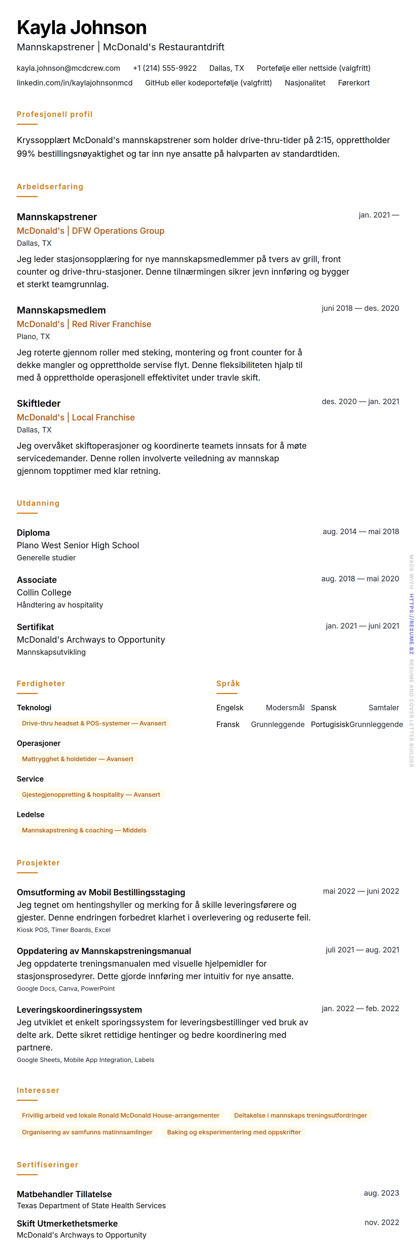 CV-forhåndsvisning for McDonald's Mannskapmedlem CV-Eksempel