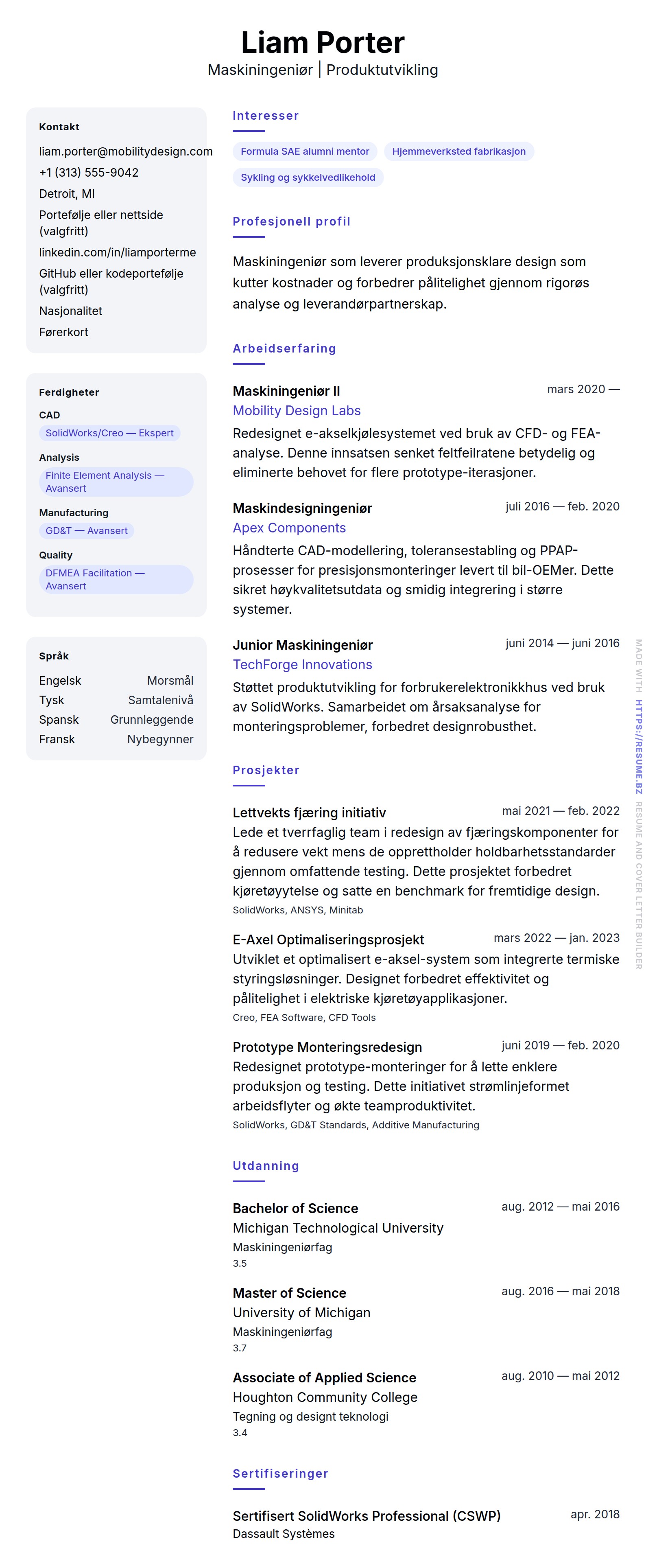 CV-forhåndsvisning for Maskiningeniør CV-eksempel